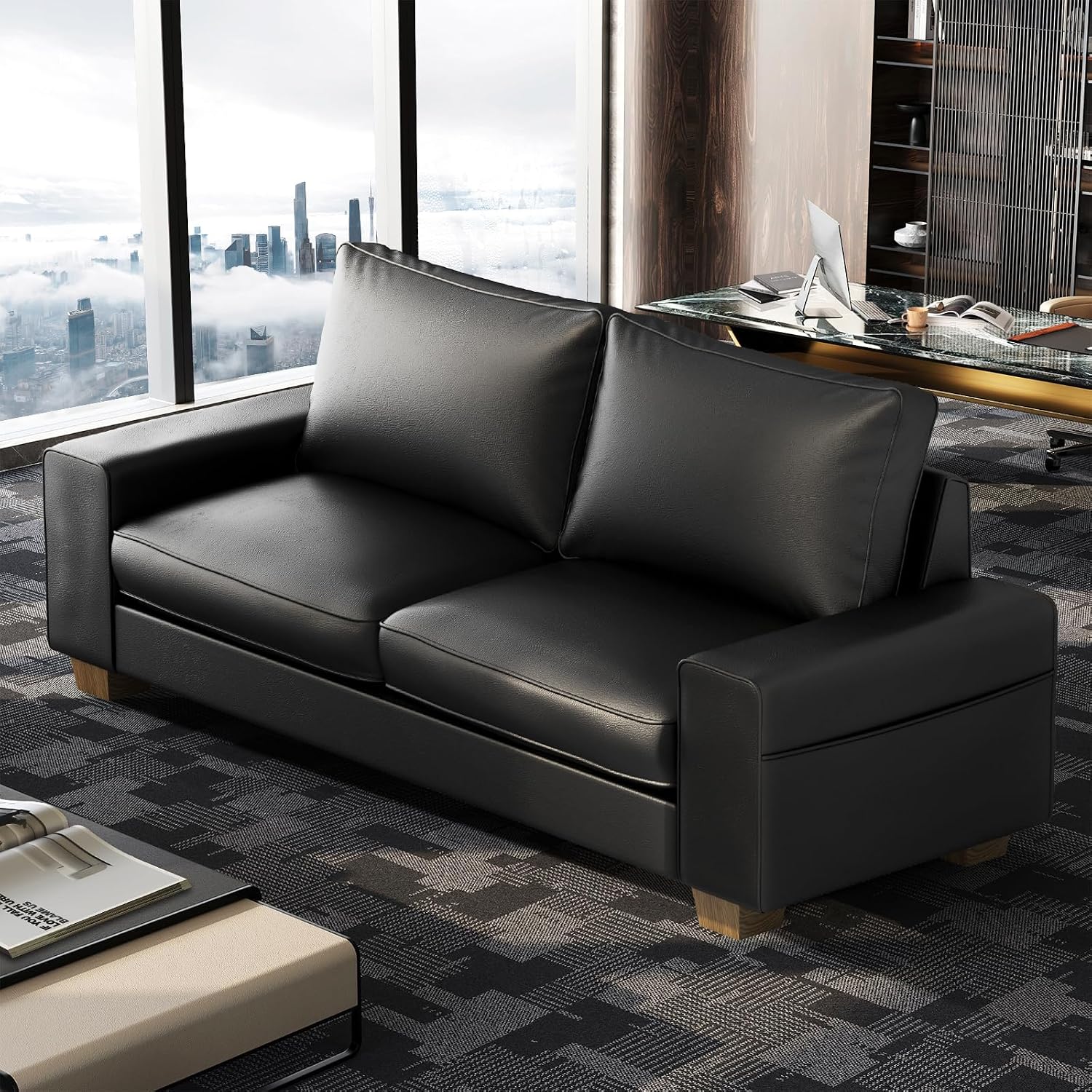 Valthie Faux Leather Couch, Mid Century Modern Comfy Loveseat Sofa with Wide Arm, Side Pockets, Solid Wooden Frame for Office, Living Room and Bedroom, 3 Seater (Black, 88.58 inches)