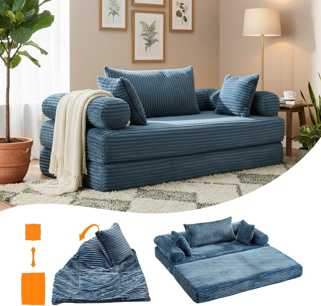 VINGLI Convertible Futon Sofa Bed, Upholstered Corduroy Boneless Couch King Size Floor Loveseat Sleeper Sofa with 2-in-1 Throw Pillow & Blanket Couches for Living Room, Bedroom, Lounge, Navy Blue