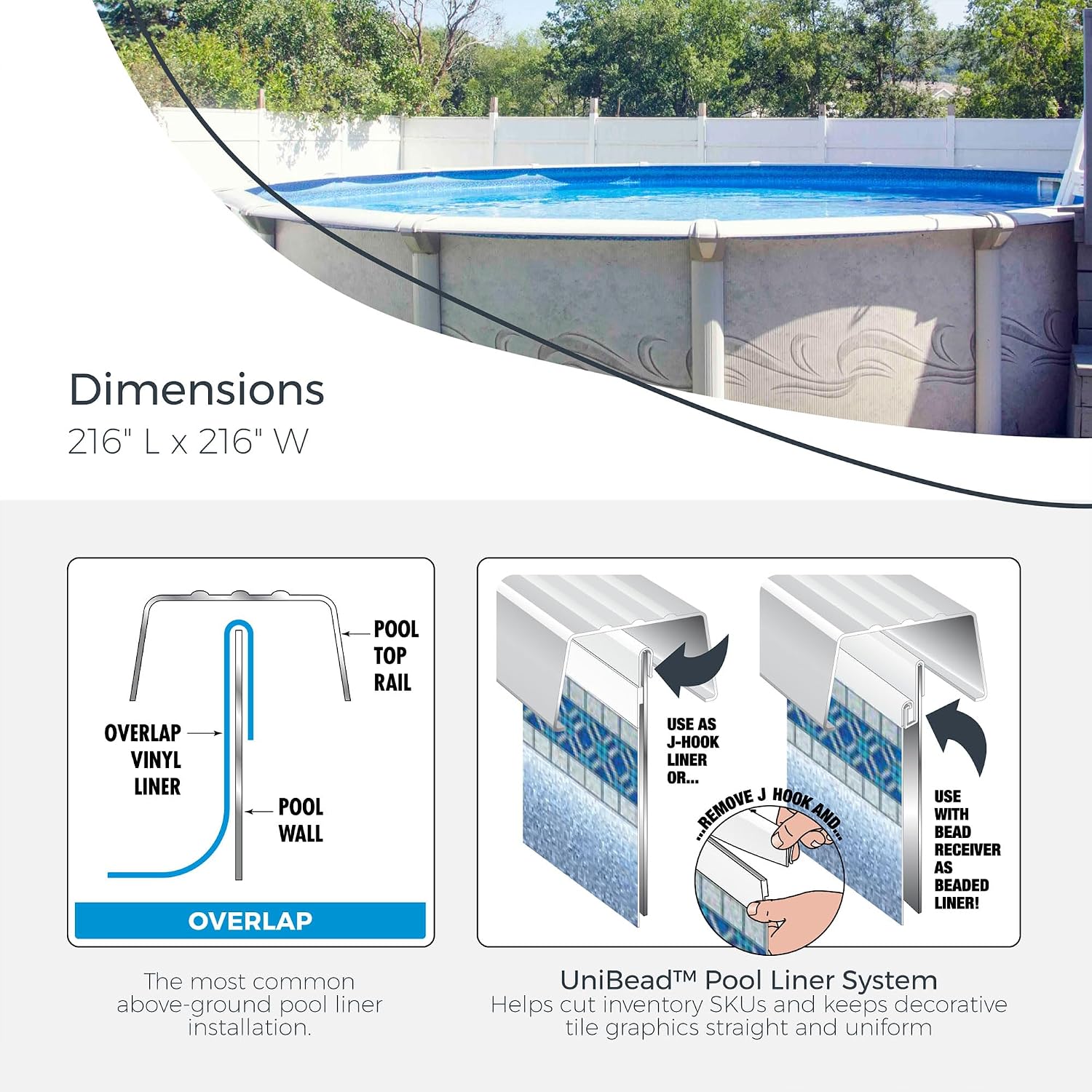Swimline 18 Foot Round Durable 20 Gauge Vinyl Wall Overlap Pool Liner Cover for 48 and 52 Inch Above Ground Swimming Pools, Blue