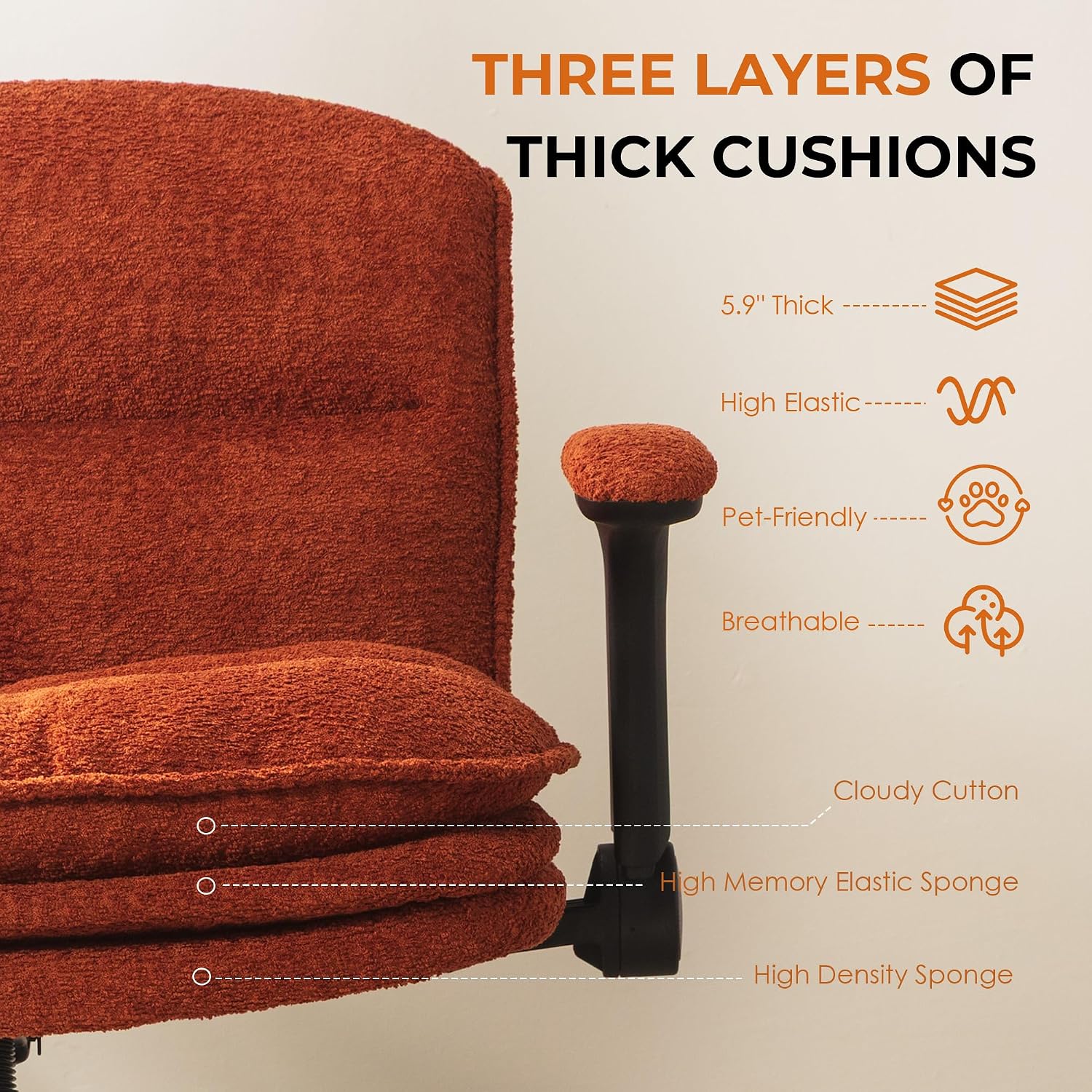 Dowinx Criss Cross Chair with Adjustable Flip-up Arms and Wheels, Comfort Ergonomic Office Desk Armchair with 3 Layer Cushions, Wide Seat Vanity Chair for Home Office, Living Room, Bedroom, Orange