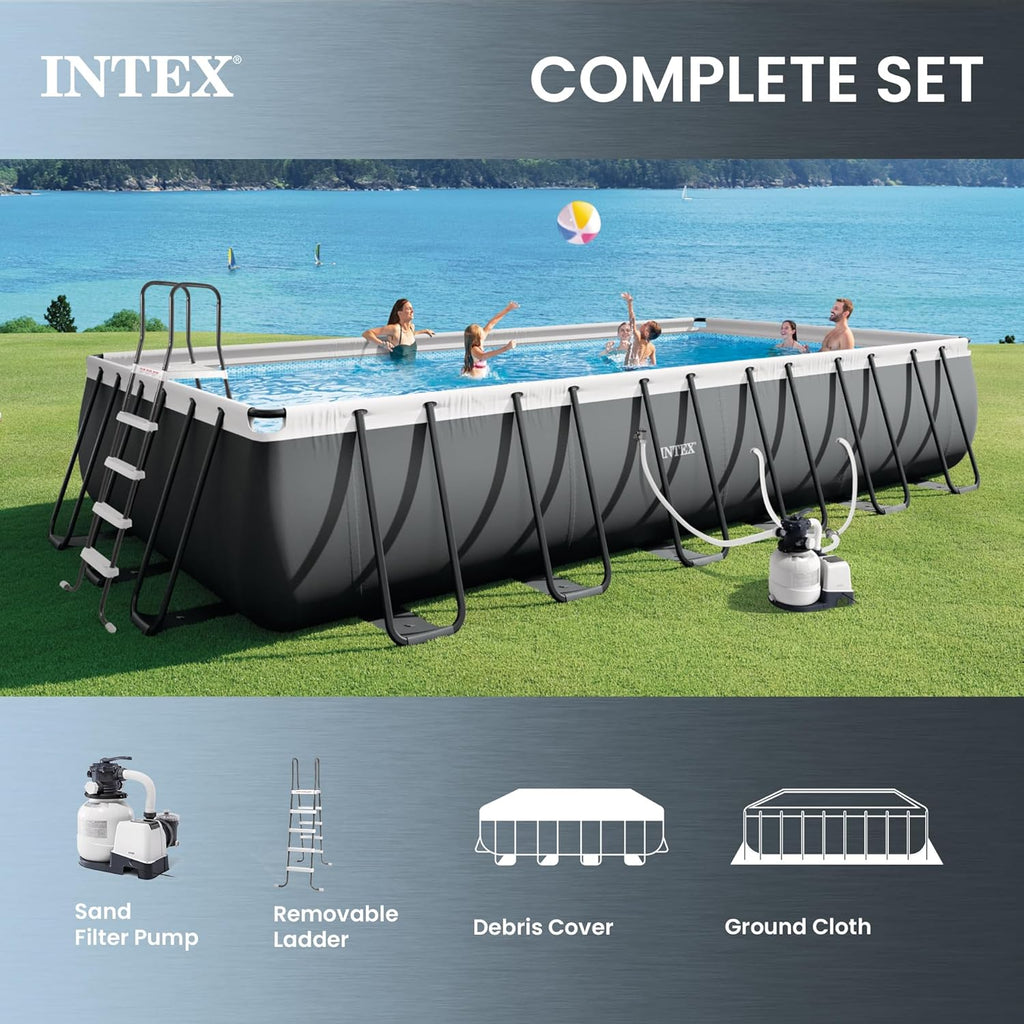 INTEX Ultra XTR 24 ft x 12 ft 52 in Above Ground Pool Set, Rectangular Swimming Pool with Steel Frame, 2100 GPH Sand Filter Pump, Ladder, Cover, & Ground Cloth
