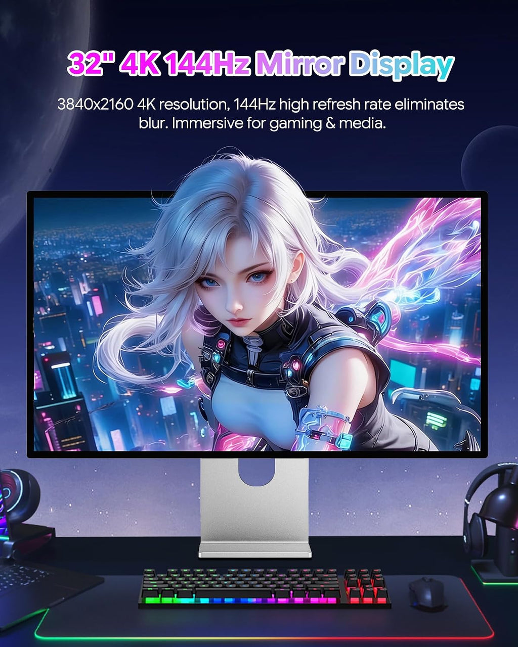 P32K 32'' UHD (3840 x 2160) 4K 144Hz Glossy Monitor, IPS Panel, 10-Bit Color, 99% sRGB, 96% DCI-P3, 5ms, HDR, Low Blue Light, Eye Care (Minimalist - with Stand)