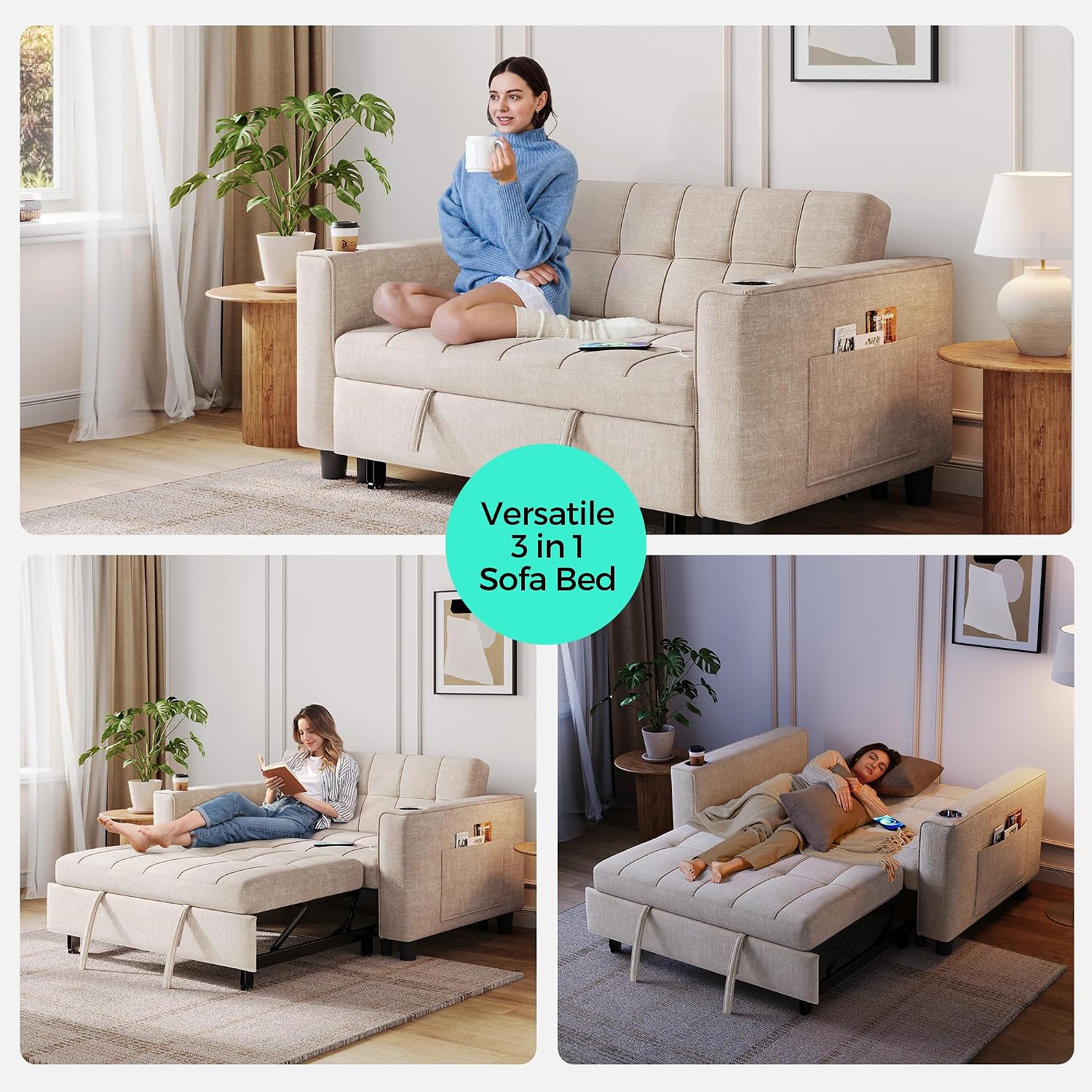 LINSY 3-in-1 Convertible Sofa Bed, 54' Pull Out Sleeper Sofa with Charging Station & Cup Holder, Small Folding Loveseat with Side Pocket for Small Space, Corduroy Couch, Beige