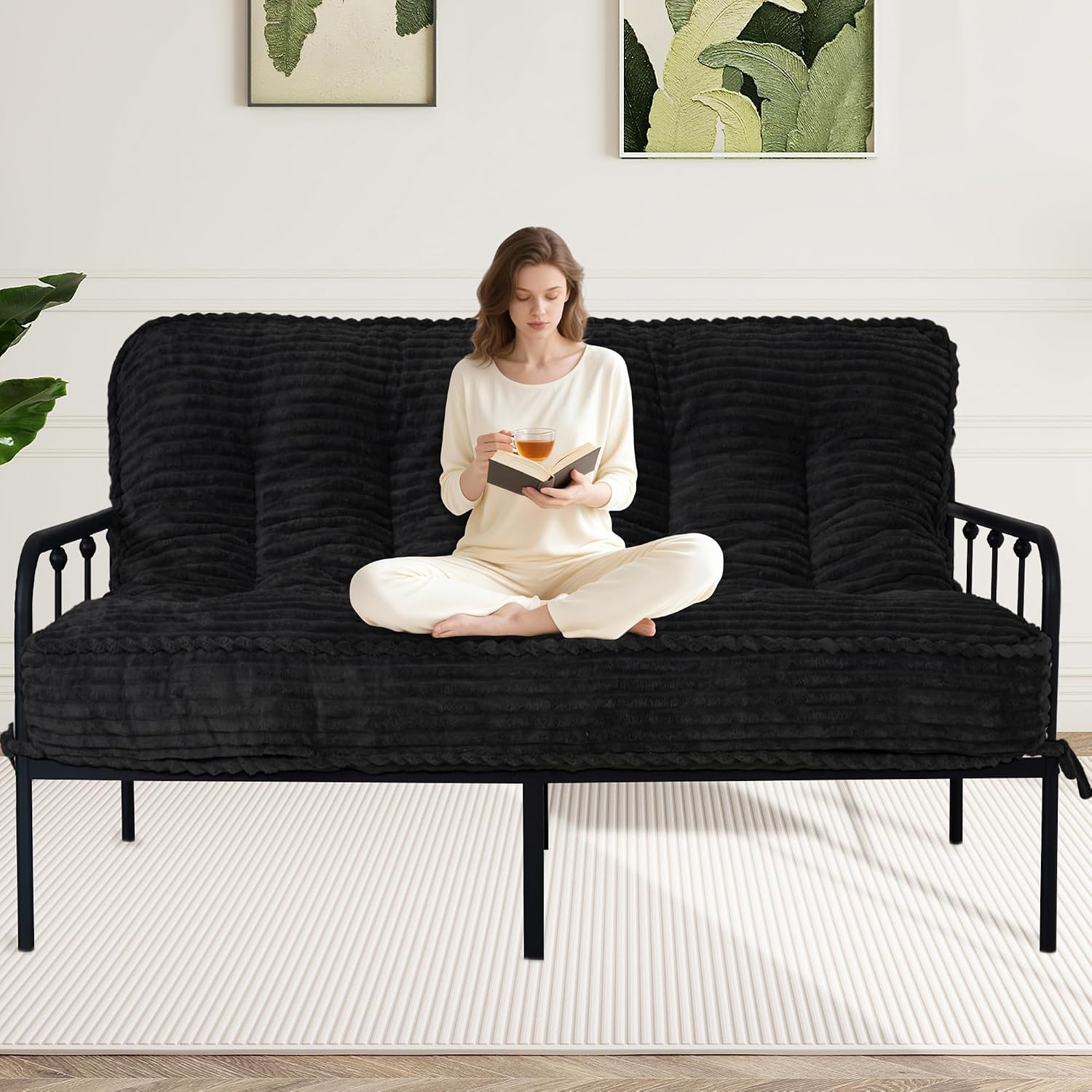 8 Inches Futon Mattress Queen Size, Extra Thick Futons Sofa Couch Bed with Strap Design, Japanese Floor Mattress for Adults, Folding Mattres Shredded Foam Filling (Frame Not Included), Black