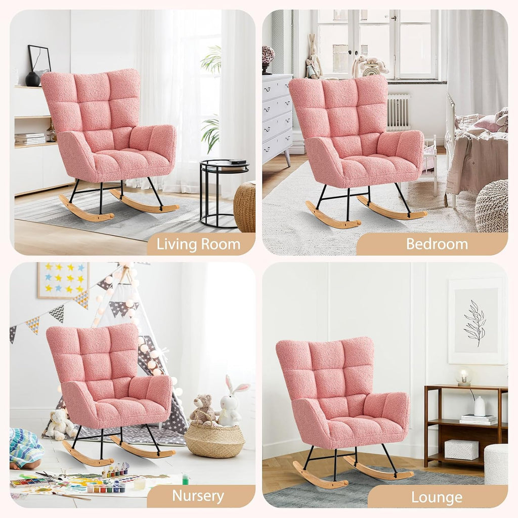 Furniliving Nursery Rocking Chair Upholstered Glider Rocking Chair Modern Accent Chair Padded Seat Reading Chair with High Backrest Comfy Chair for Living Room, Bedroom, Nursery, Pink, Teddy, 2