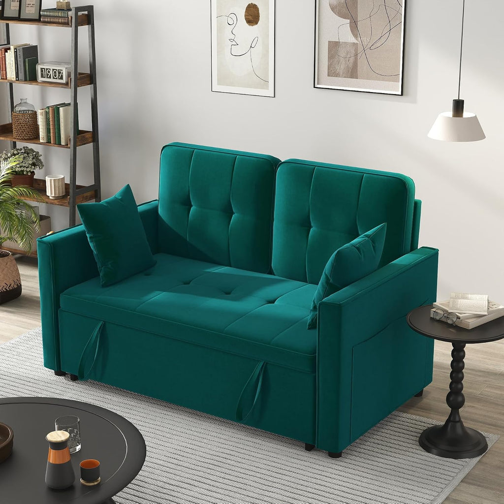 Green Convertible Sofa Bed: 3 in 1 Sleeper Sofa Couch Bed, Pull Out Couch with Adjustable Backrest, Velvet Convertible Loveseat Sleeper, for Living Room (Green)