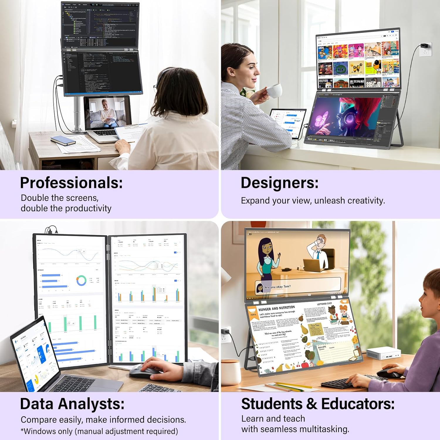 InnoView 23.8' Dual Portable Monitor 180Hz 2560 x 1440P 2K 100% sRGB - Foldable & Stackable Design with 315° Screen Adjustment & 180° Stand | USB-C/HDMI, Dual Monitor for Laptop, Mac, Windows