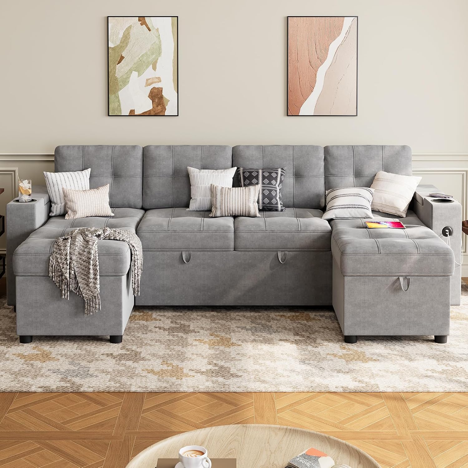IDEALHOUSE U-Shaped Couches for Living Room, Sofa Bed for Living Room with Reversible Storage Chaises and Hidden Storage Armrests, Cup Holders and USB Charging Ports Included, Light Grey
