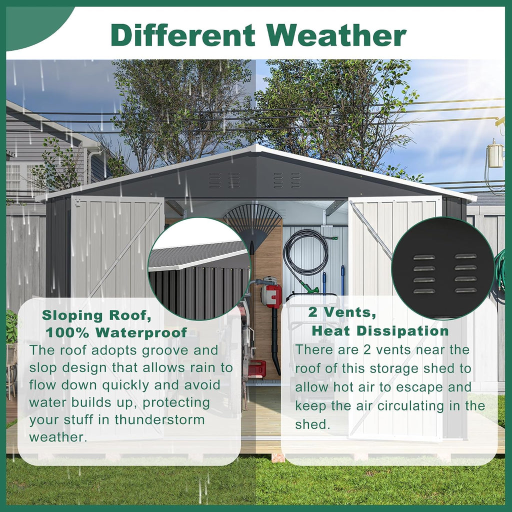 YOPTO 10x12 FT Outdoor Storage Shed,Utility Metal Tool Storage with Lockable Doors and Waterproof Roof, Large Garden Shed for Backyard, Patio Lawn, Black