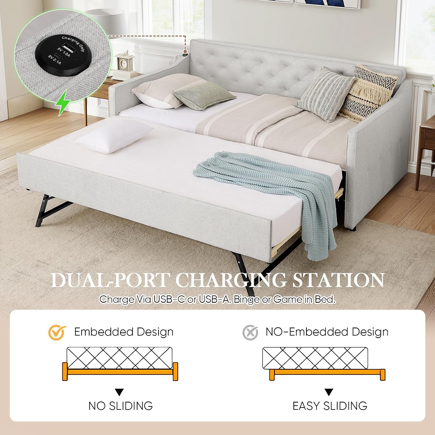 Antetek Daybed with Pop up Trundle, Fabric Upholstered Twin Size Day Bed Pull-Point Sofa Daybed Frame w/Twin Roll-Out Trundle/USB Port, Furniture for Bedroom, Living Room, Guest Room, Beige