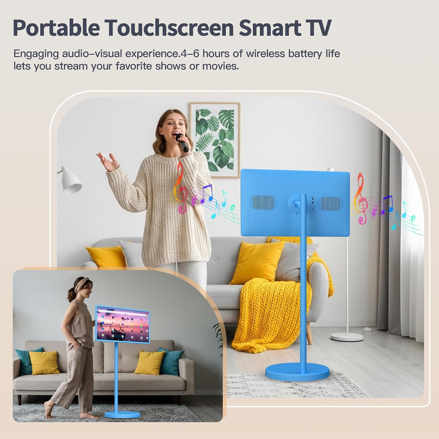 32 Inch Portable Smart TV | 1080P Touch Screen | Android 15 8G+128GB Storage | Movable Monitor on Wheels | 5MP Camera | 38,400 mAh Battery | Voice/Airmouse Remote Control | Versatile Rotatable Display