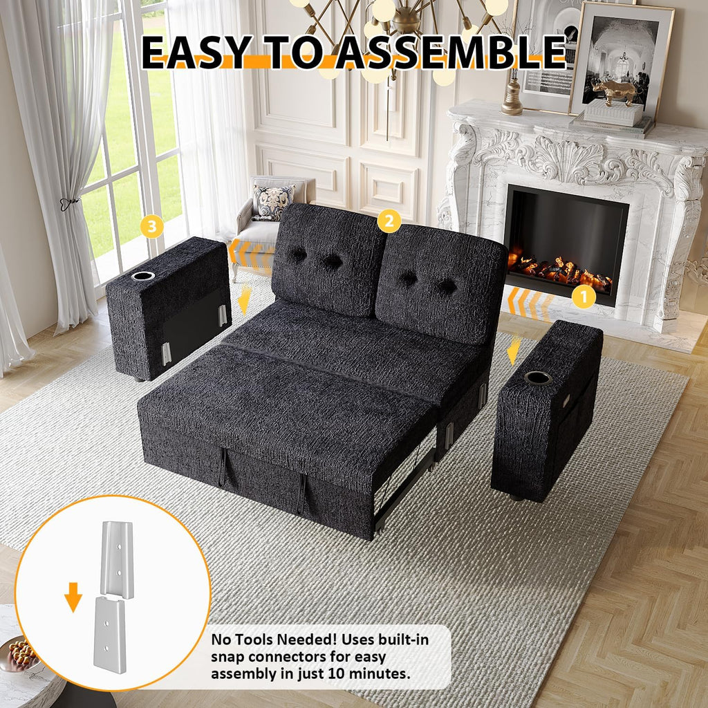 63 Inch Sleeper Sofa Bed, 4 in 1 Pull Out Couch Bed with Adjustable Backrest, Small Loveseat with Wide Armrest | USB Charging | Side Pockets | Cup Holders | Tool Free Assembly, Luxury Black