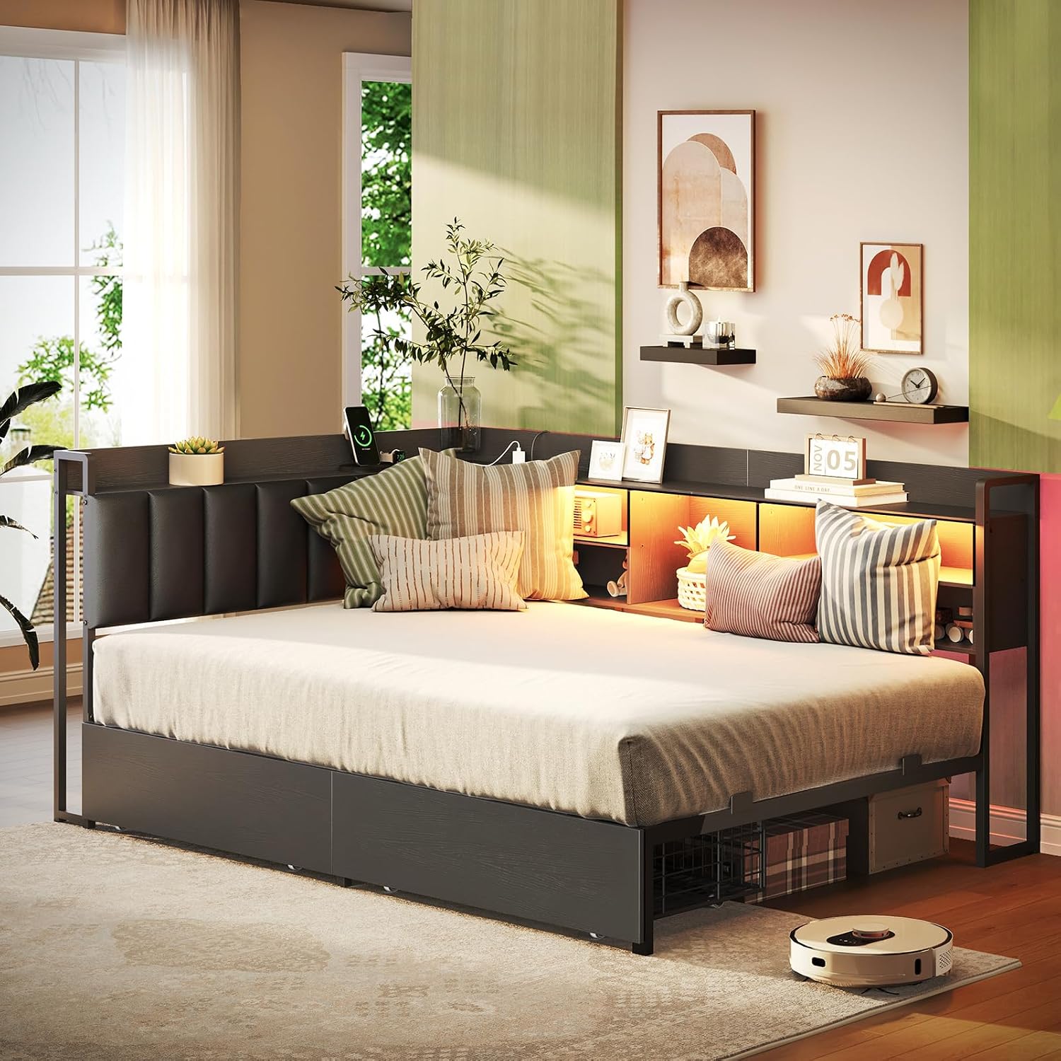 RALGEND Corner Bed Frame with Bookcase Storage and PU Upholstered, Twin Daybed with 2 Drawers and Charging Station, Metal Platform Bed Fram for Living Room, Bedroom, Guest Room, Black