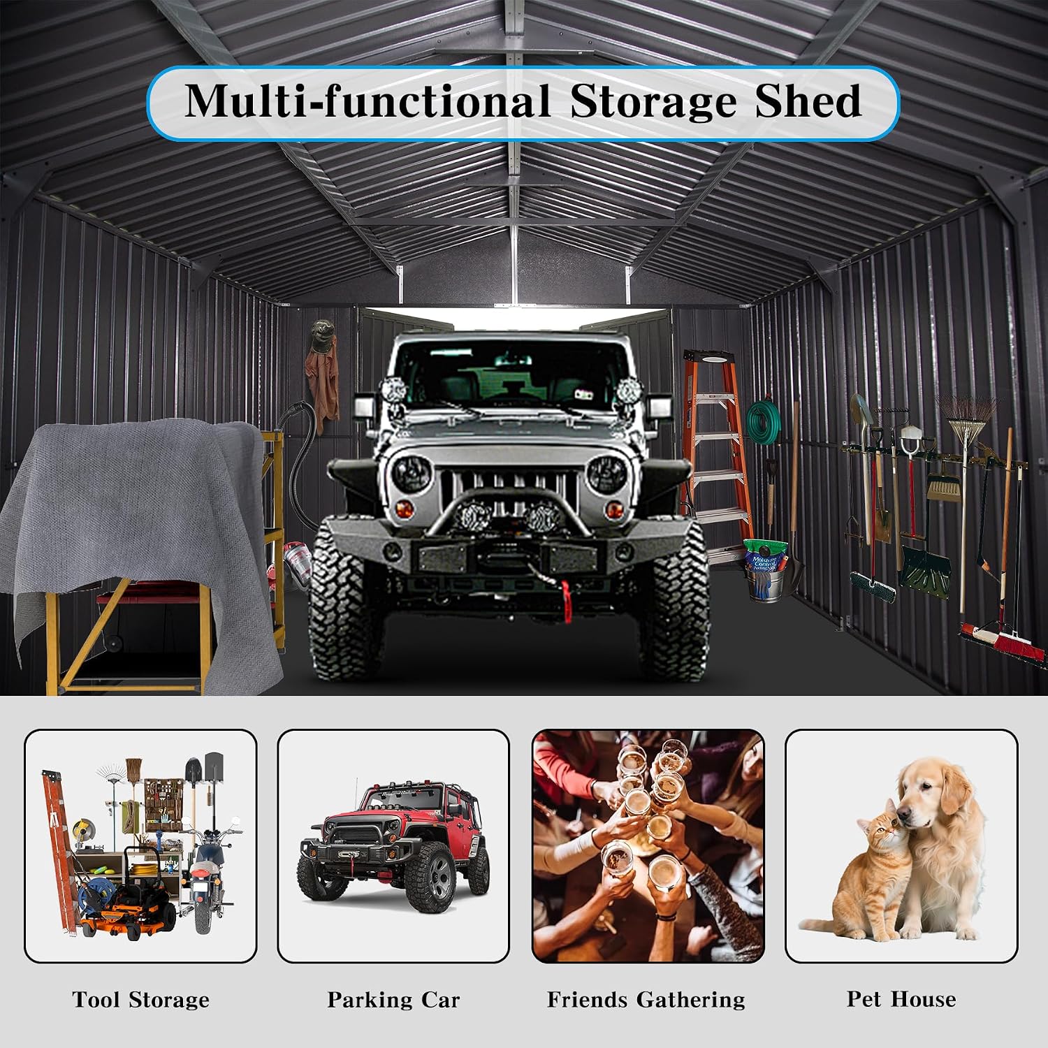 Domi 12x15FT Outdoor Metal Garage Shed, Extra Large Carport with Skylights & Dual-Entry, Backyard Storage Shed for Car, Truck, Lawn Mower and Tool, Dark Grey