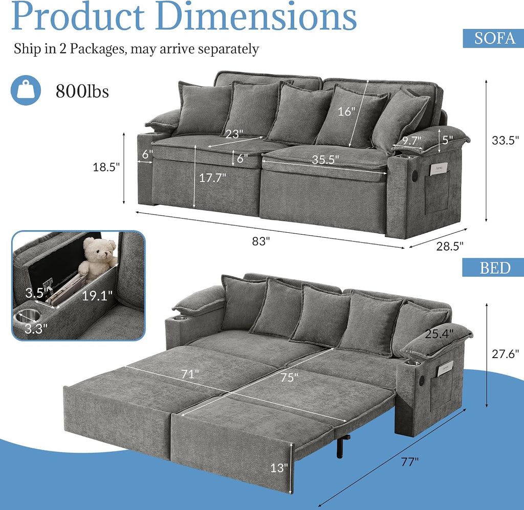 83' King Size Pull Out Sofa Bed, 4-in-1 Convertible Sleeper Sofa Bed with USB Ports, Cup Holders, Side Pockets, Corduroy Oversized Loveseat Chaise Lounge for Living Room, Small Space (Light Gray)