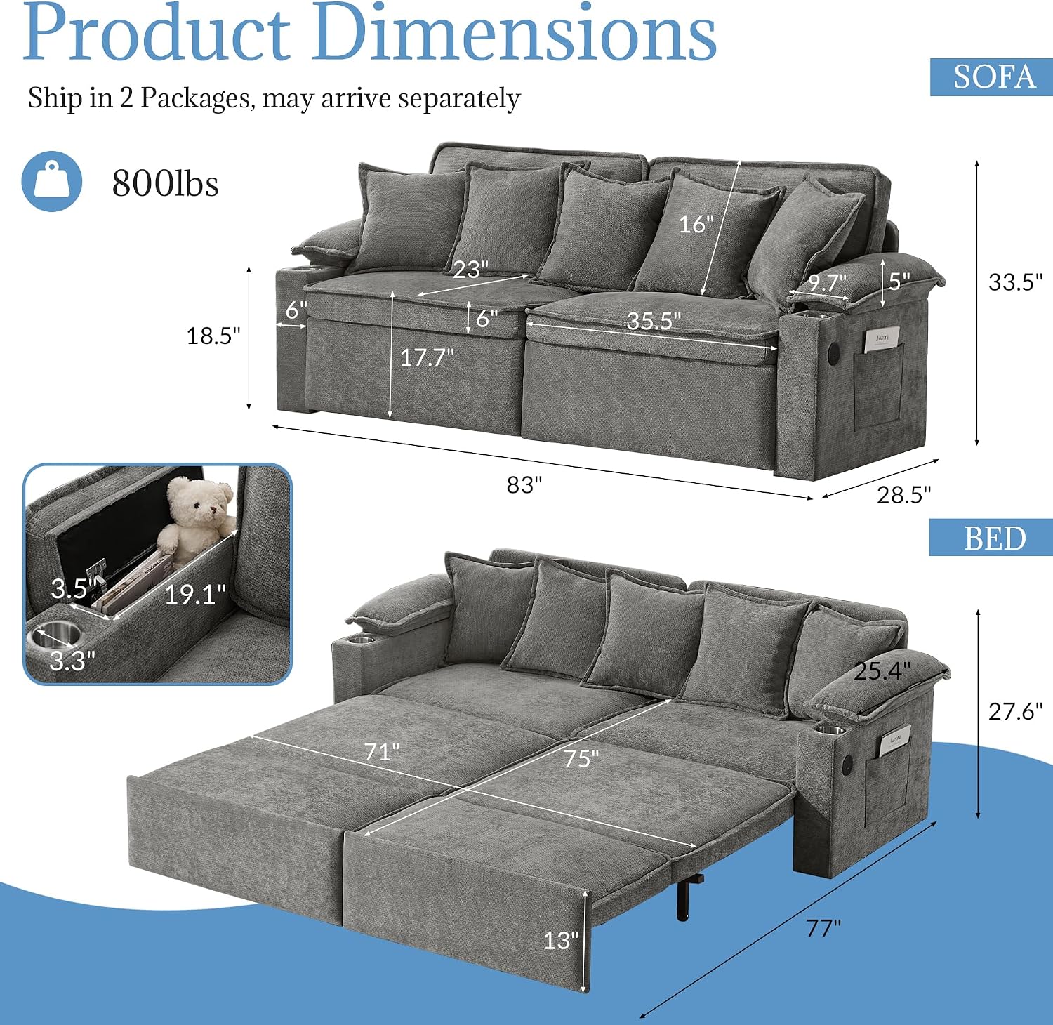 83' King Size Pull Out Sofa Bed, 4-in-1 Convertible Sleeper Sofa Bed with USB Ports, Cup Holders, Side Pockets, Corduroy Oversized Loveseat Chaise Lounge for Living Room, Small Space (Light Gray)
