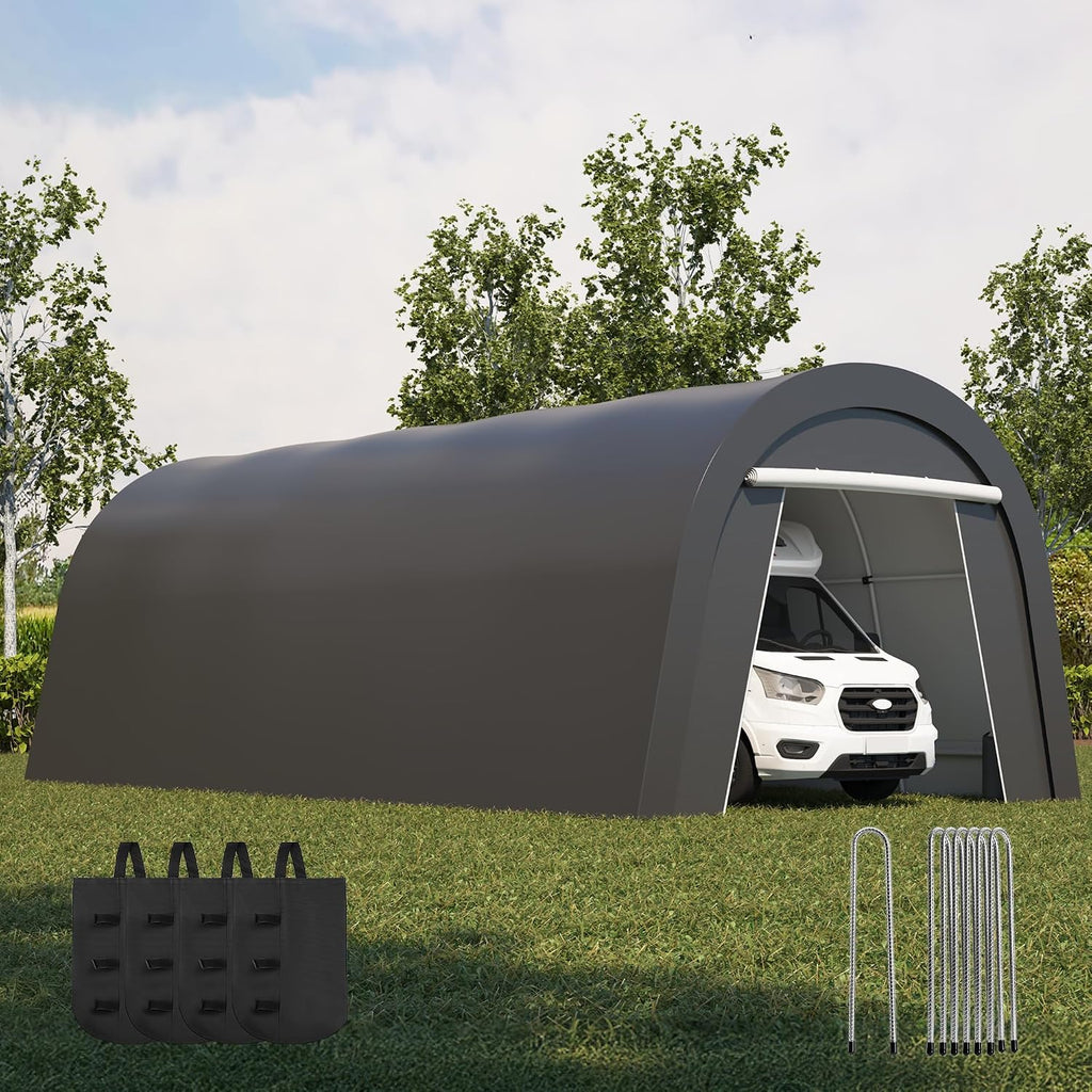 Kiss the Water Domed Carport with 4 Cloth Bags, Portable Garage with 2 Roll-up Doors, Heavy Duty Car Canopy Party Tent, All-Season Storage Shelter Shed for Boat, Truck, or Garden Tools, 12' x 25'