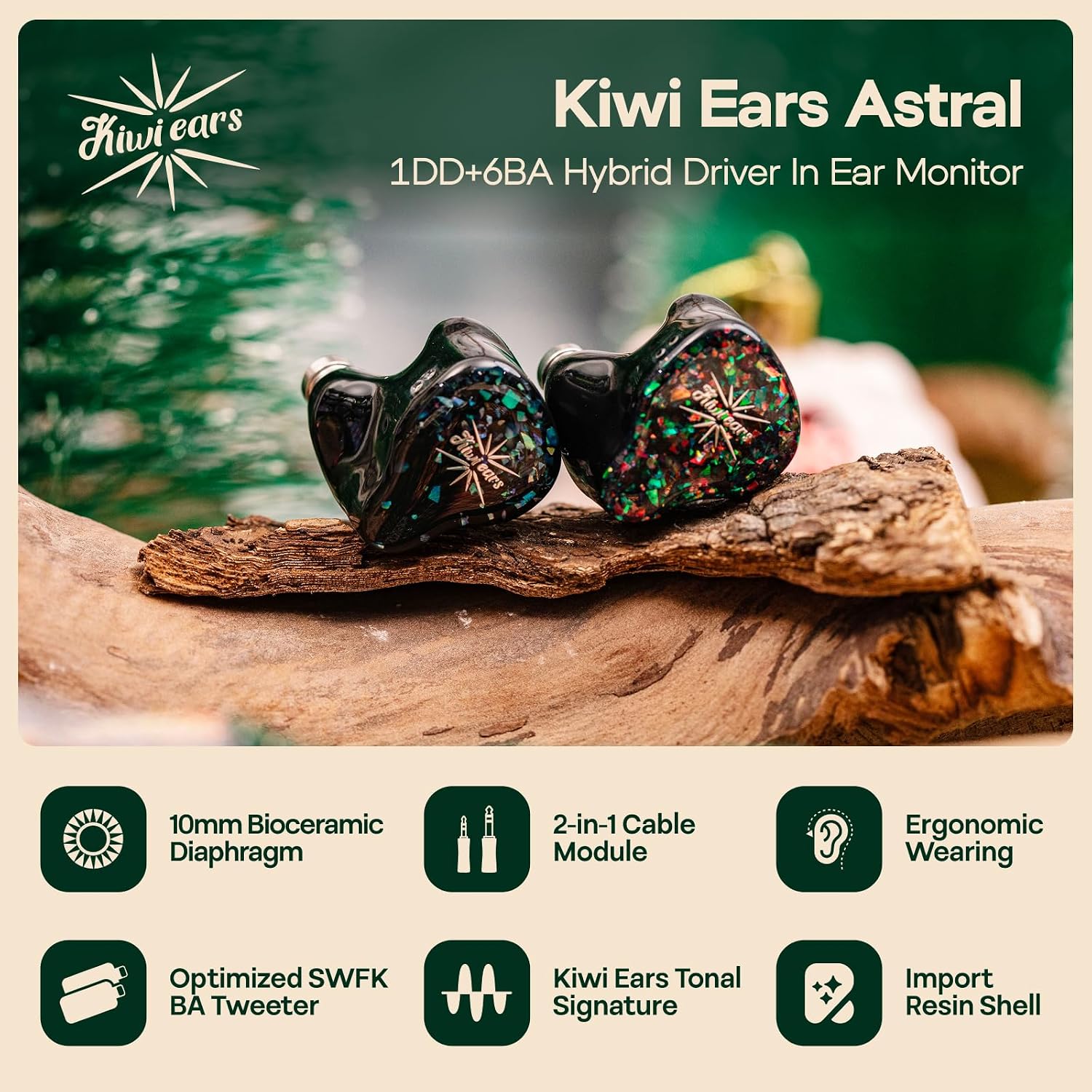 Linsoul Kiwi Ears Astral 1DD+6BA Hybrid in Ear Monitor, Wired Earbuds, HiFi Studio Recording &Mixing Earphone, Portable Gaming IEMs for Professional Music Engineers Audiophiles (Green)
