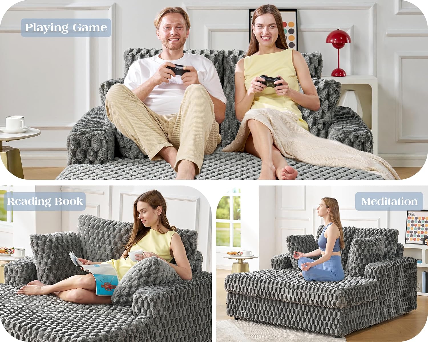 VanAcc 58-Inch Plush Sleeper Chair with Throw Pillows, Upholstered Chaise Lounge & Sofa Bed with Armrests for Living Room, Ash Grey