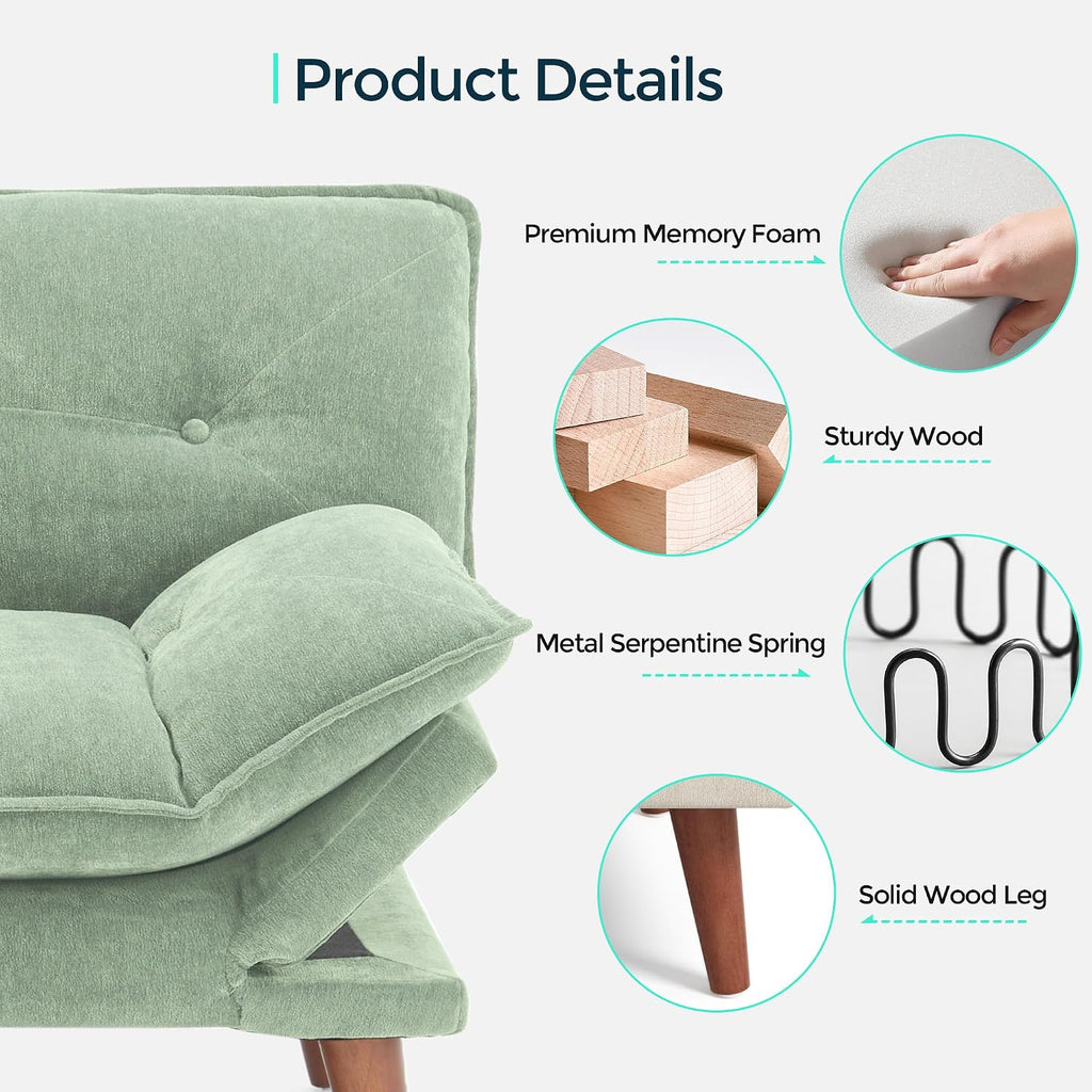 LINSY HOME Futon Sofa Bed, 70' Chenille Futon Couch with Adjustable Backrest Armrest, 3 in 1 Convertible Comfy Loveseat Sleeper Sofa Bed for Small Spaces Dorm Room Apartment Home Office, Light Green