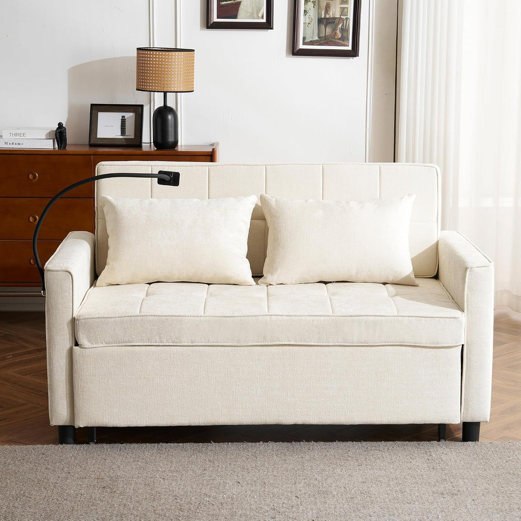 Merax Pull-Out Sleeper Sofa Bed with Reversible Backrest and Two Throw Pillows, 3 in 1 Foton Couch with USB Ports & Phone Holder, Chenille Loveseat for Living Room, Beige