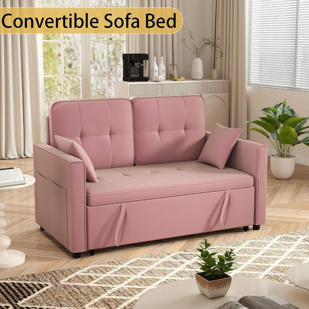Pink Convertible Sofa Bed: 3 in 1 Sleeper Sofa Couch Bed, Pull Out Couch with Adjustable Backrest, Velvet Convertible Loveseat Sleeper, for Living Room, for Living Room(Pink)
