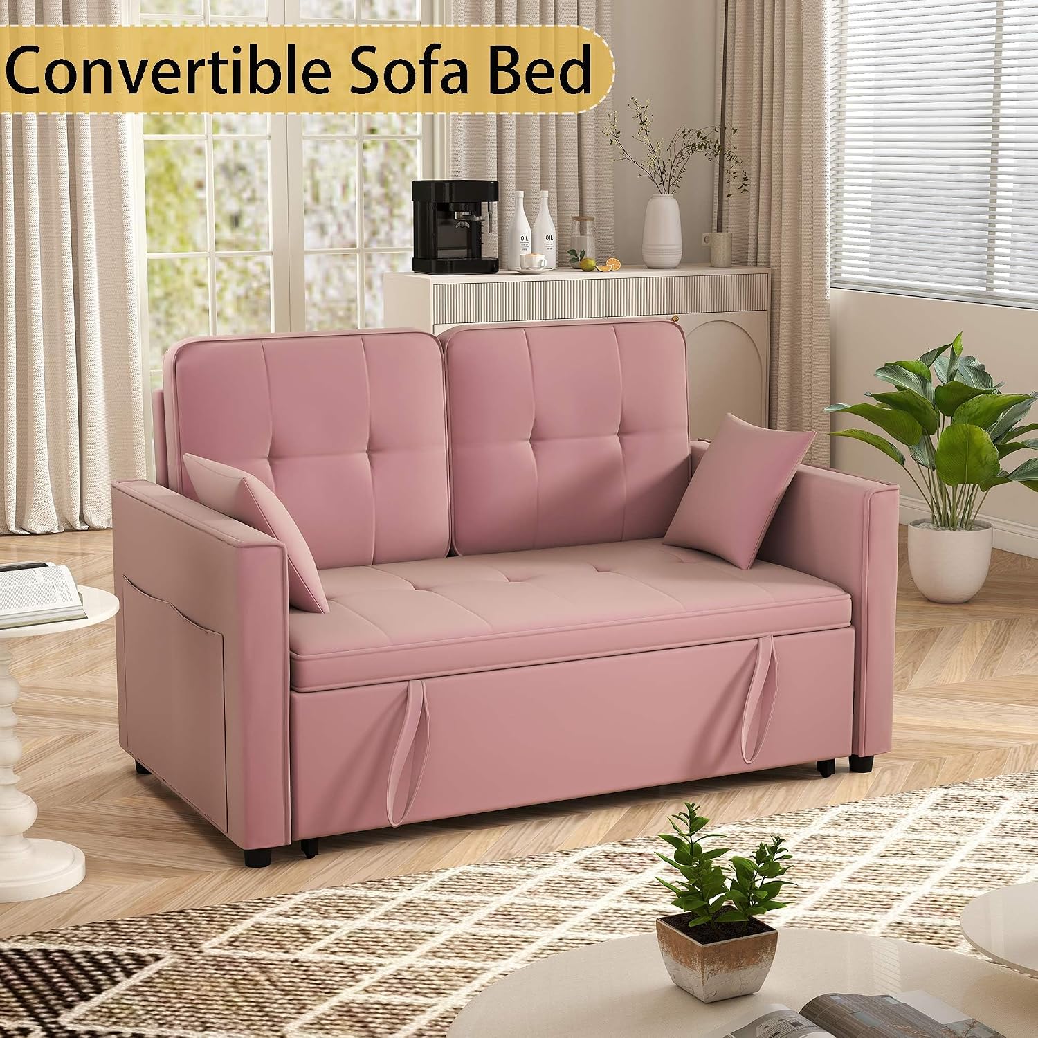 Pink Convertible Sofa Bed: 3 in 1 Sleeper Sofa Couch Bed, Pull Out Couch with Adjustable Backrest, Velvet Convertible Loveseat Sleeper, for Living Room, for Living Room(Pink)
