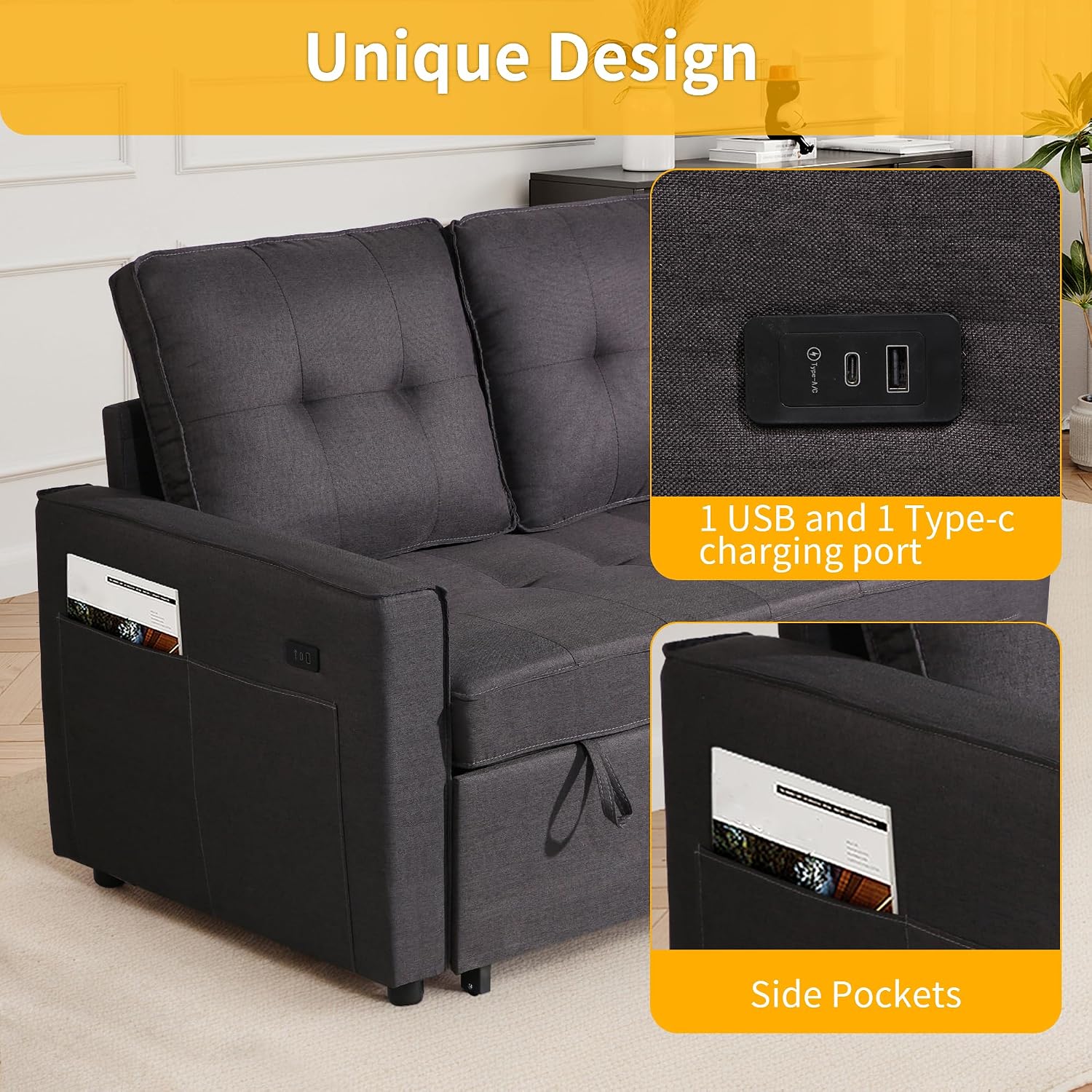 EJUNQ Pull Out Couch, Convertible Sofa Bed with USB and Reclining Backrest, Modern 3 in 1 Sleeper Sofa Couch Bed with Side Pockets, Comfortable Loveseat Sleeper for Small Spaces.(Dark Grey)
