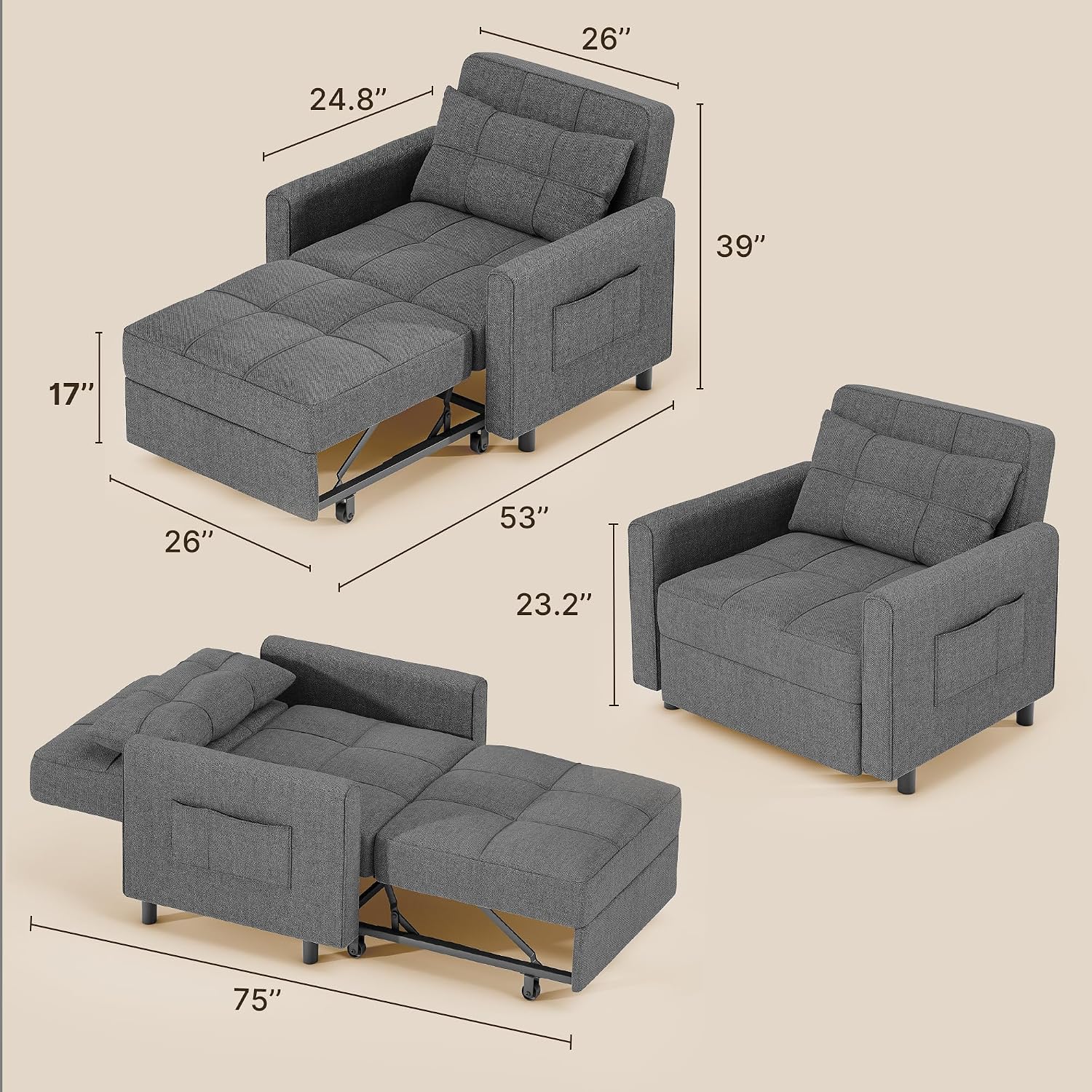 Gizoon Sofa Bed Chair 3 in 1 Convertible, Pullout Single Sleeper Chair Bed with Adjustable Backrest, Spacious Multifunctional Sofa Couches for Living Room, Bedroom, Apartment