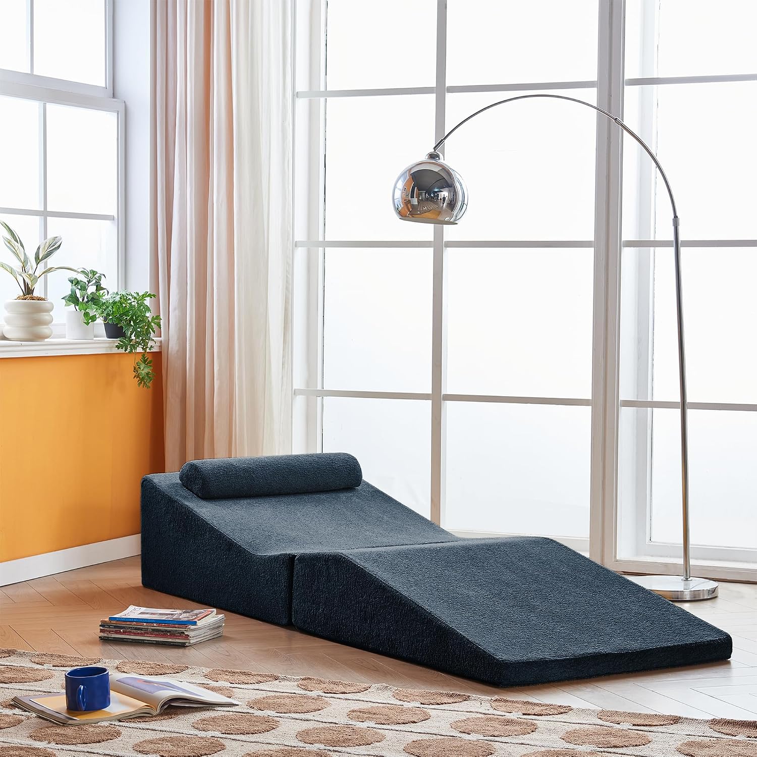 GDFStudio Rue Velvet Foldable Sofa Bed, Convertible Sleeper Chair with Pillow, Foldable Mattress with Back Support, Portable Lounge Sofa for Living Room/Bedroom, No Assembly Needed, Midnight Blue
