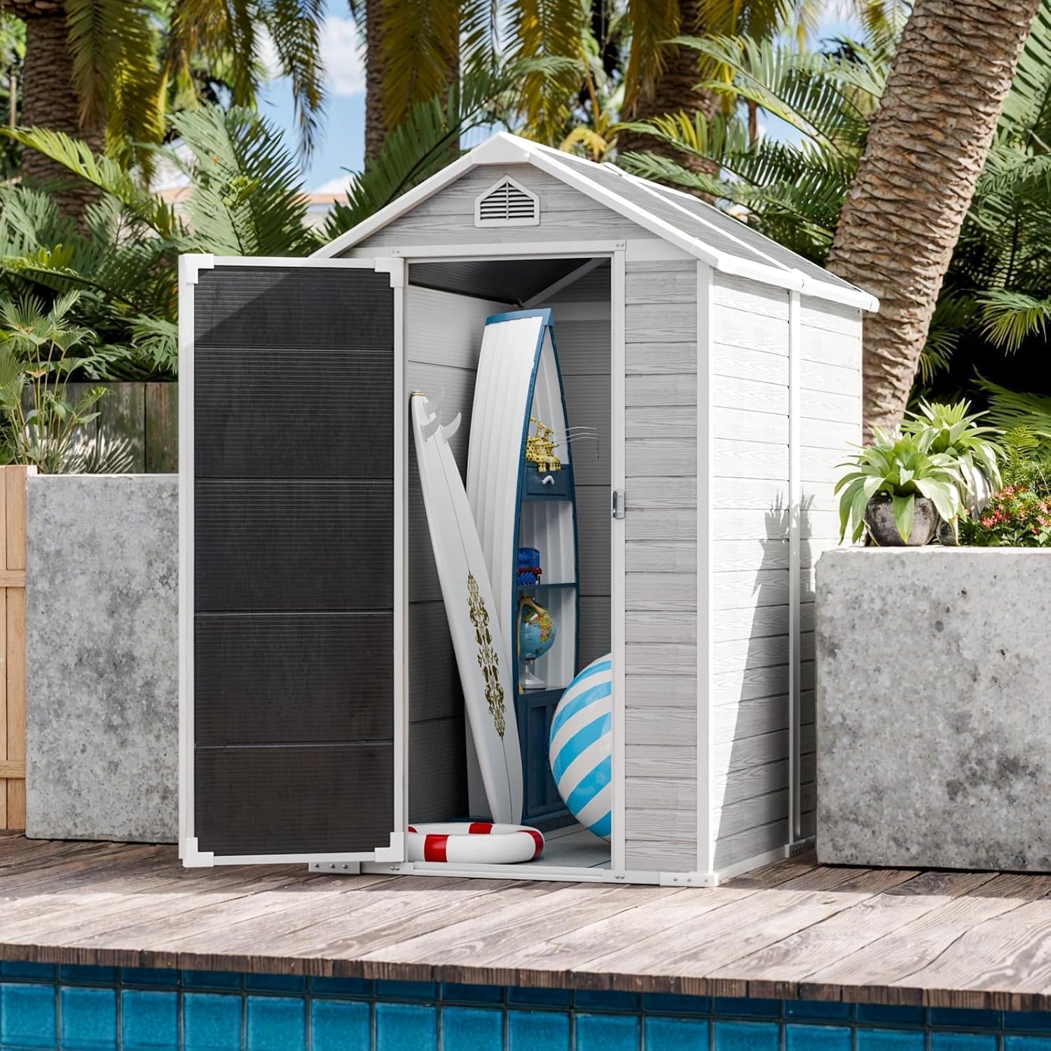 Restland 4x6 FT Resin Storage Shed with Floor Outdoor Waterproof Plastic Shed with Window & Lockable Door Large Tool Garden Sheds for Backyard, Poolside, Patio