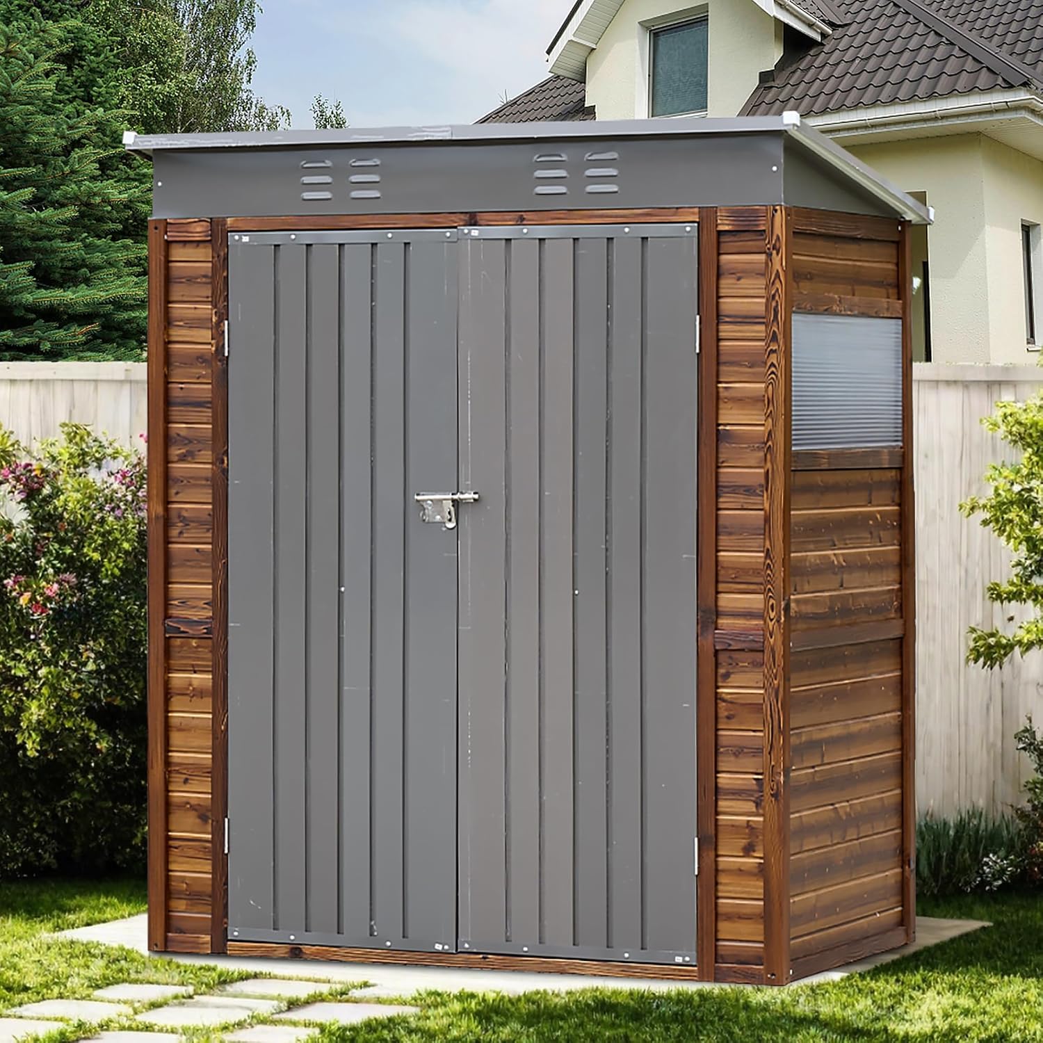 5x3 FT Outdoor Wood Storage Shed, Garden Tool Shed with Windows, Outside Storage Shed Waterproof for Backyard, Garden, Patio, 4 Vents (Without Floor) Wood Color