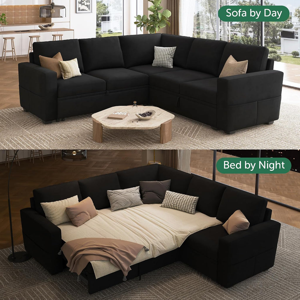 HONBAY Modular Sectional Sleeper Sofa with Pull-Out Bed, Velvet L-Shaped Sofa with Storage Seat, Sectional Sofas for the Living Room, Black