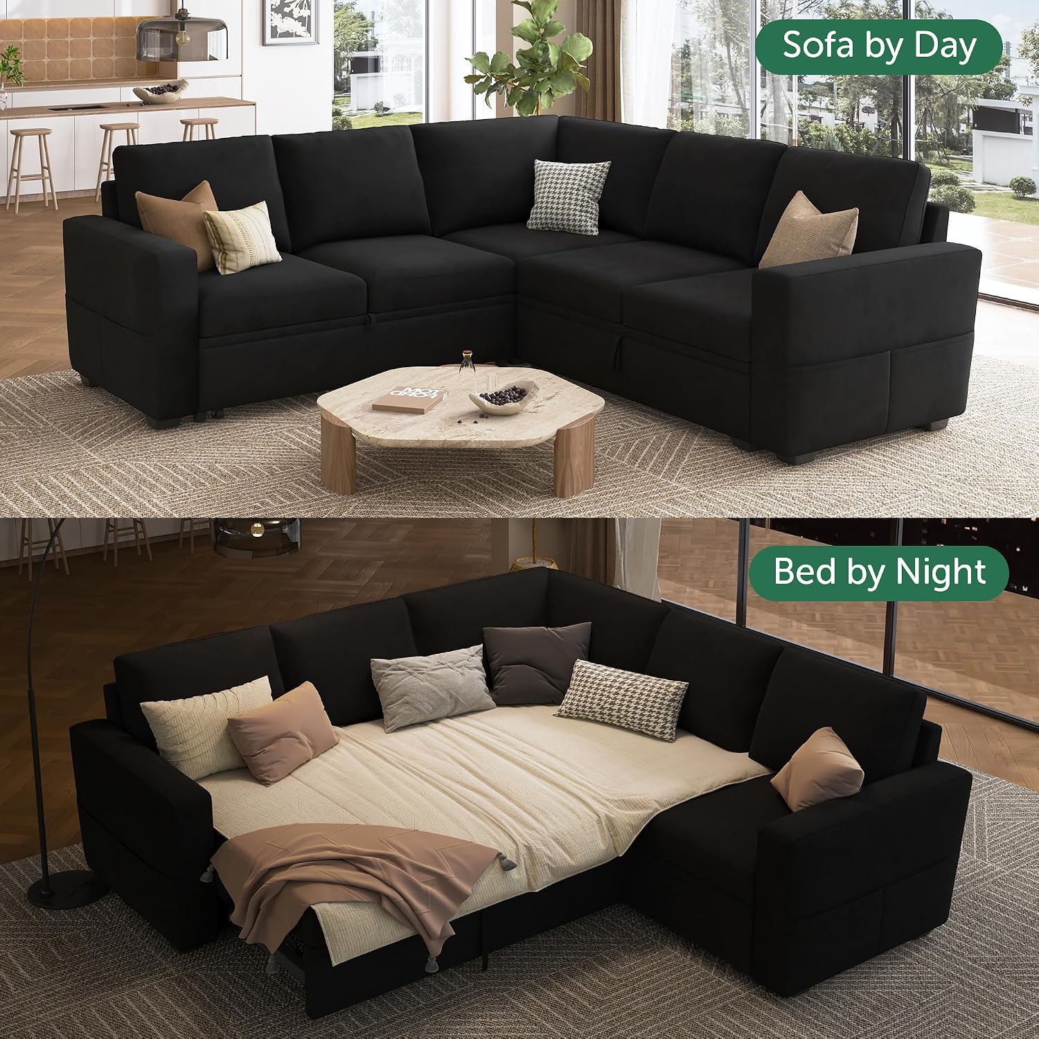 HONBAY Modular Sectional Sleeper Sofa with Pull-Out Bed, Velvet L-Shaped Sofa with Storage Seat, Sectional Sofas for the Living Room, Black