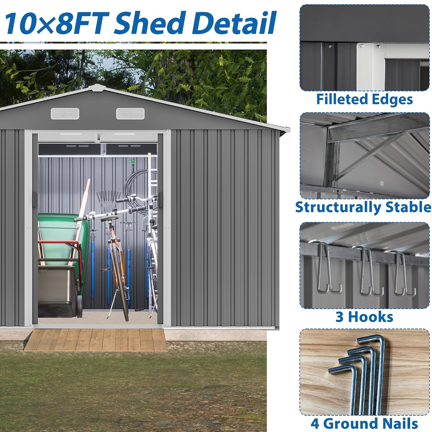 Jintop 10X8 FT Outdoor Storage Shed,Waterproof Garden Shed with Sliding Doors,All Weather Metal Heavy-Duty Tool Shed W/Vents, Foldable House for Garden Backyard, Lawn,Light Gray