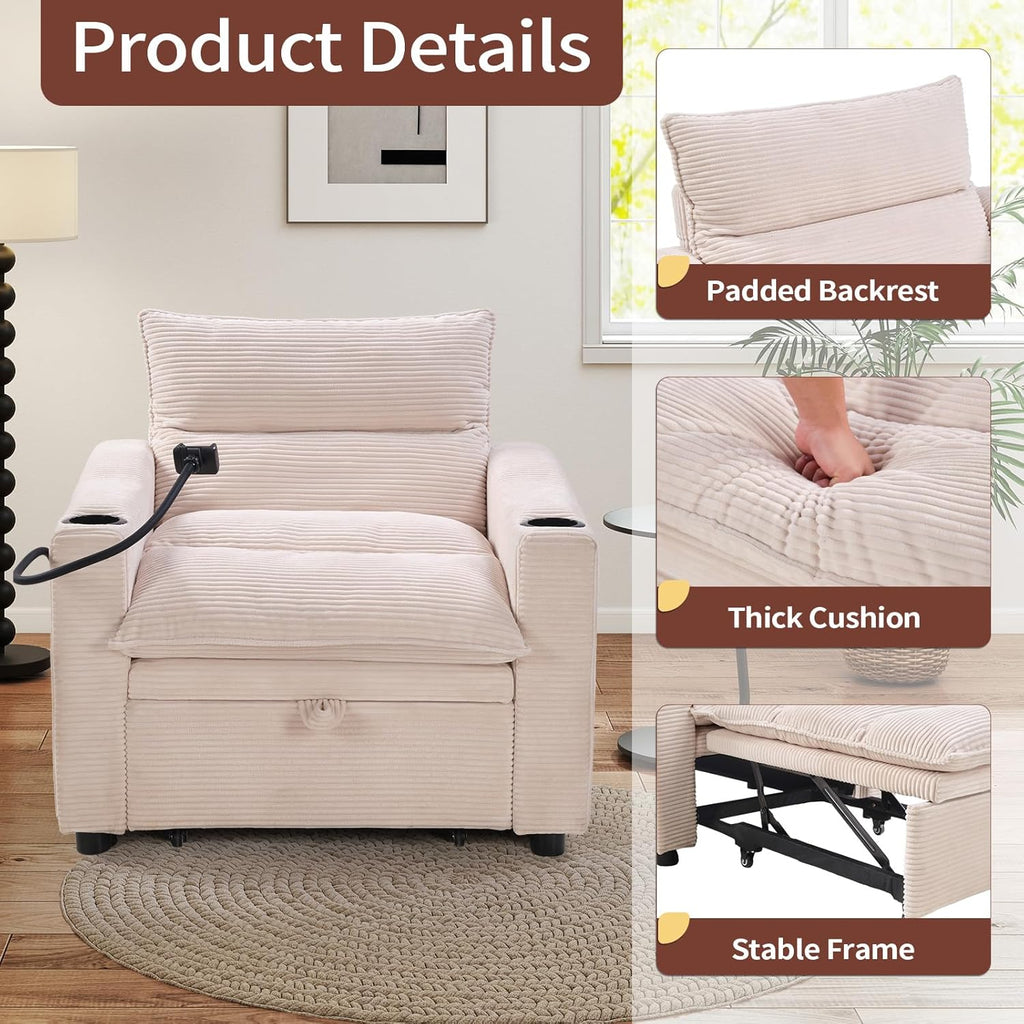 HAOMARKETS Corduroy Sleeper Sofa Bed with Cup Holders, 3-in-1 Convertible Pullout Futon Couch with Phone Holder&USB Charge Port, Single Armchair with 3-Level Adjustable Backrest for Apartment