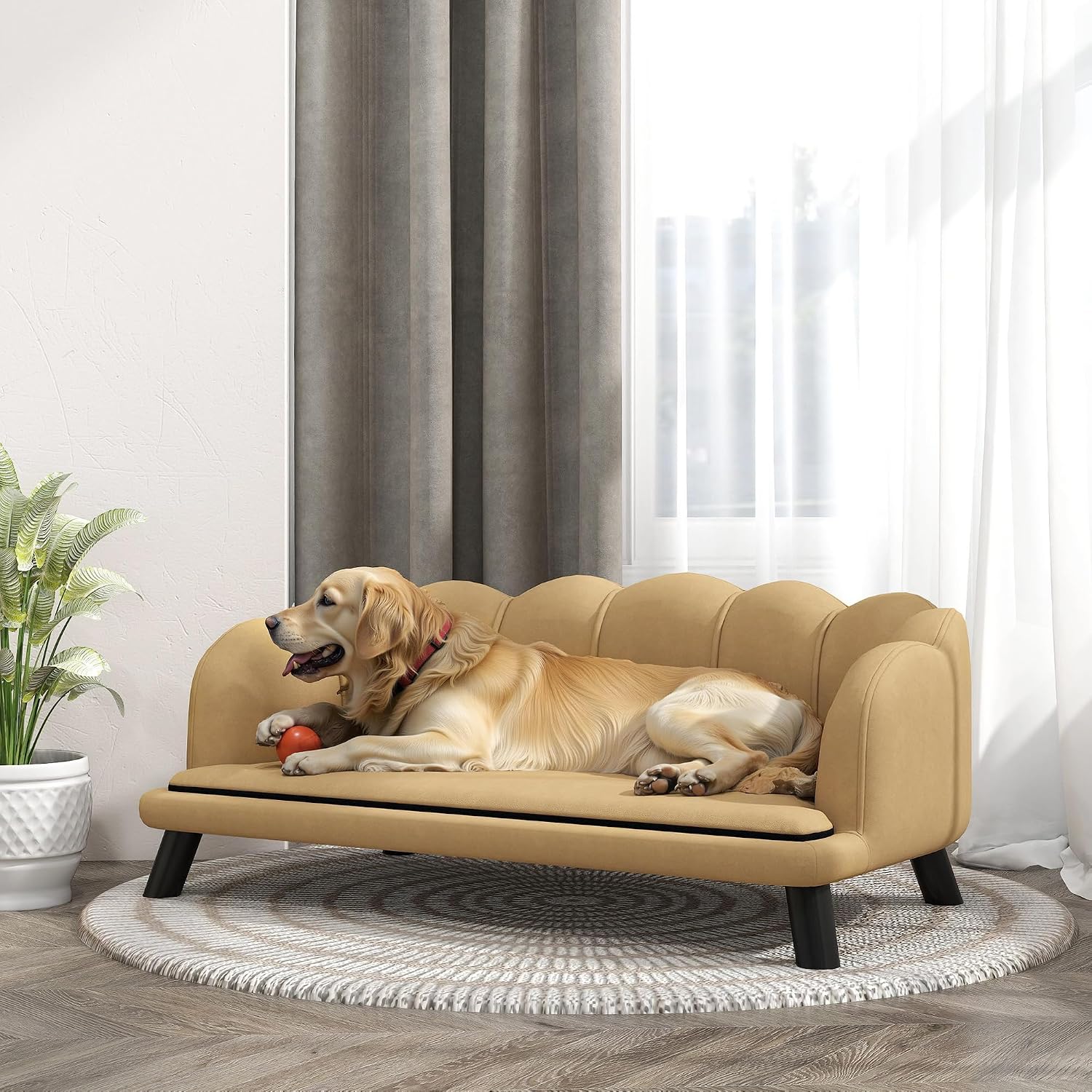 PawHut Velvet Large Dog Couch with Foam Cushion, Soft and Cute Dog Bed with Pearl Design, Pet Sofa for Big and Medium Breeds, Coffee