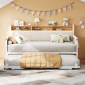LIKIMIO Daybed with Trundle, Twin Bed Frame with Upholstered Headboard and Charging Station, Sofa Day Bed with Strong Supports for Living Room, Bedroom and Guest Room, White