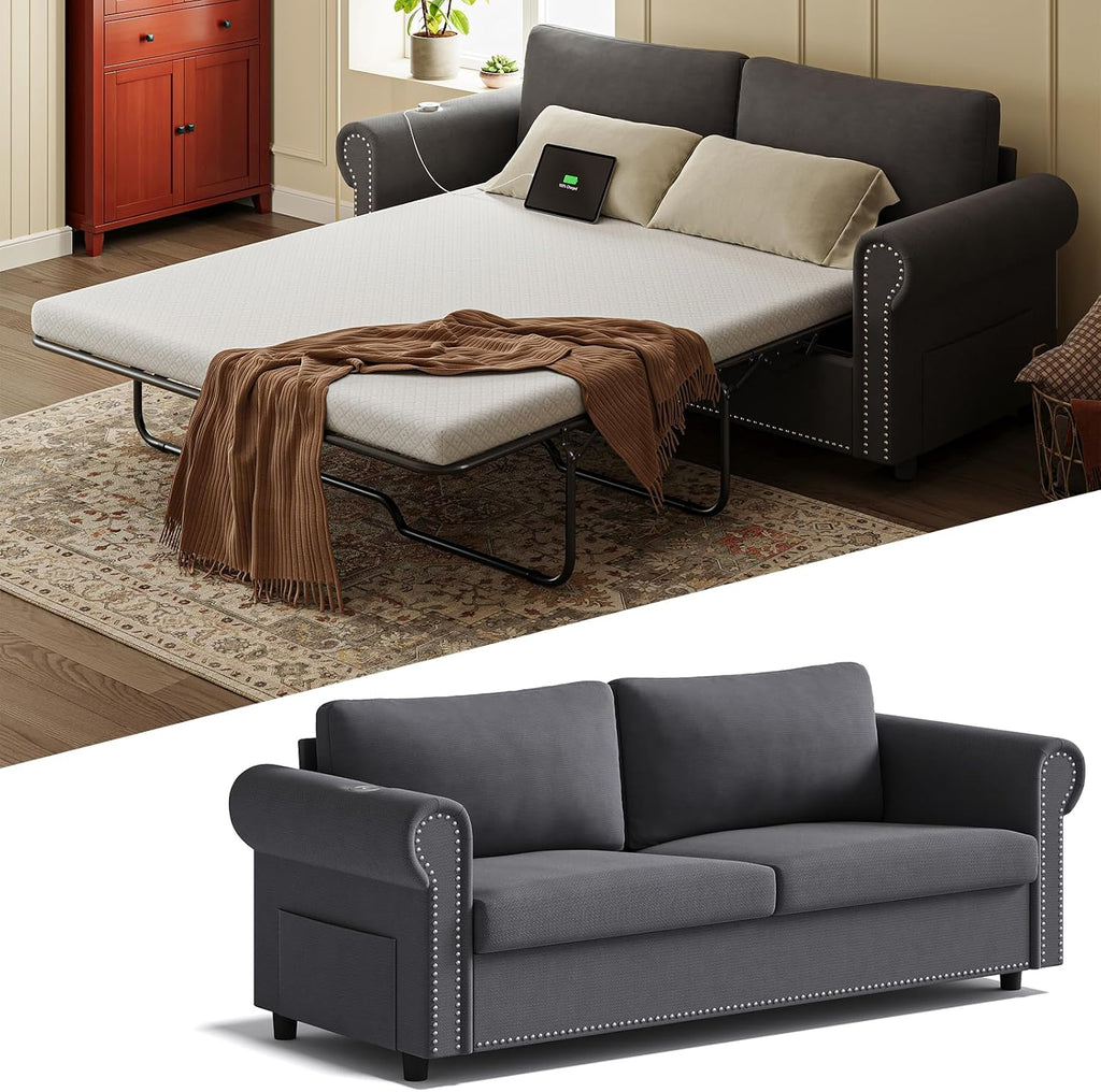 Queen Pull Out Sofa Bed | 83' Large Sleeper Sofa with Queen Size Mattress | 2-in-1 Convertible Loveseat Sofa-Bed with USB Ports Side Pockets Dark Grey