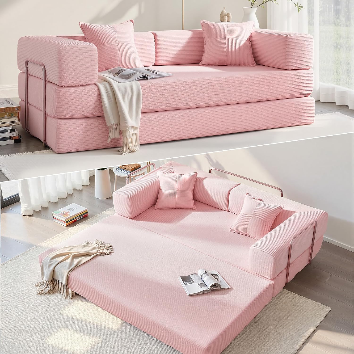 YINIX Foldable Sofa Bed, 78'' Folding Floor Couch, Compressed Convertable Sleeper Sofa, Memory Foam Couch with Pillow Back Support Armrest, 4-in-1 Futon Sofa Bed for Living Room, Pink