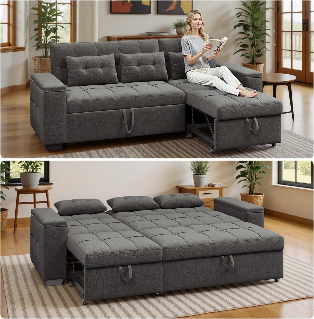 Ahomly 87' Convertible Sofa Bed – Space-Saving Sleeper with Pull-Out Design, Adjustable Backrest, Wide Armrests with Storage, Plush Cushions, Cozy for Small Spaces (Dark Grey)
