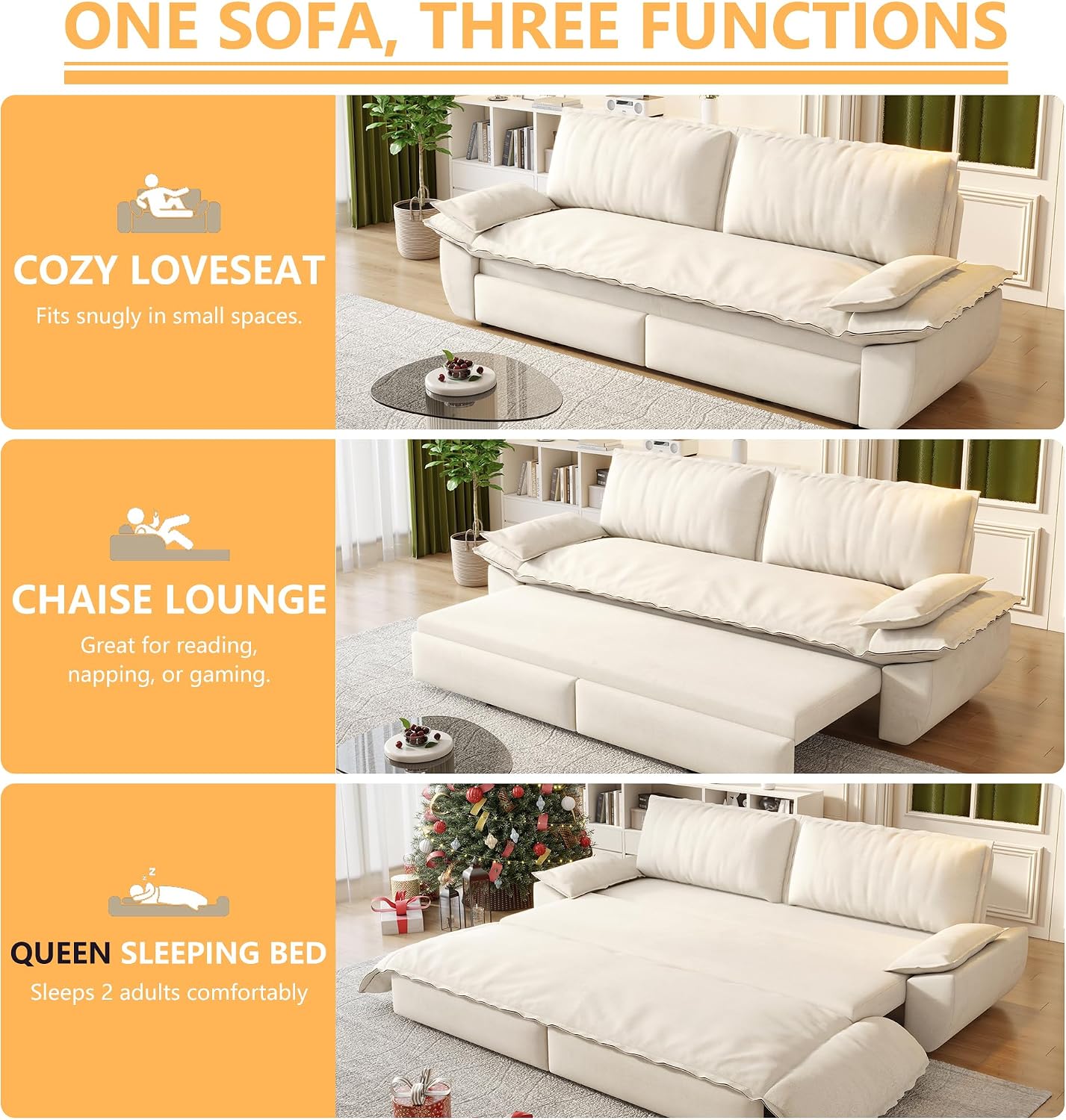 70.1' Sofa Bed Queen Size, Pull Out Couch Bed, 3-in-1 Convertible Sleeper Sofa with Cushion Armrest, Modern Velvet Futon Couch for Living Room, Small Space, Apartment, Bedroom, Beige
