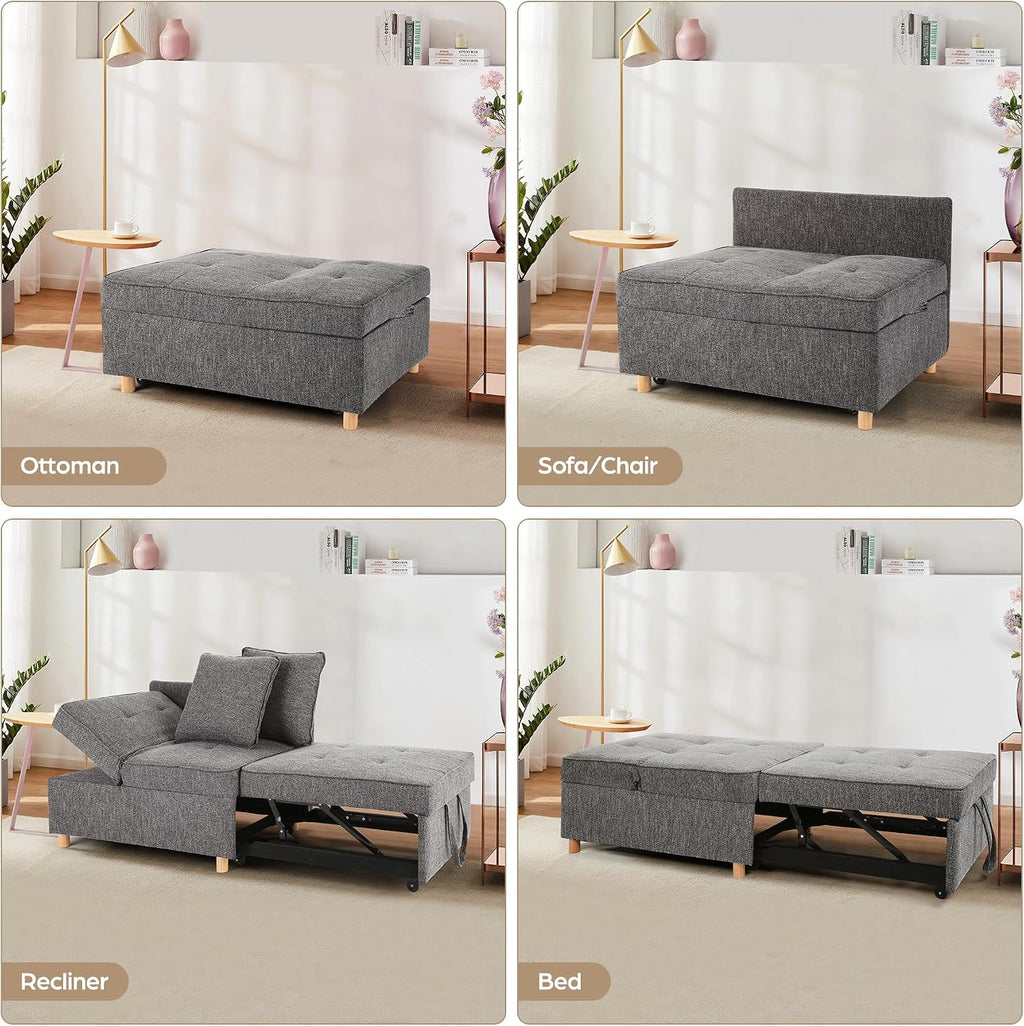 SEJOV Sofa Bed 4-in-1 Convertible Sofas & Couches, 3-Seat Linen Fabric loveseat Sofa with 2 Throw Pillow, Single Recliner for Small Space with 5 Adjustable Backrest, Dark Grey