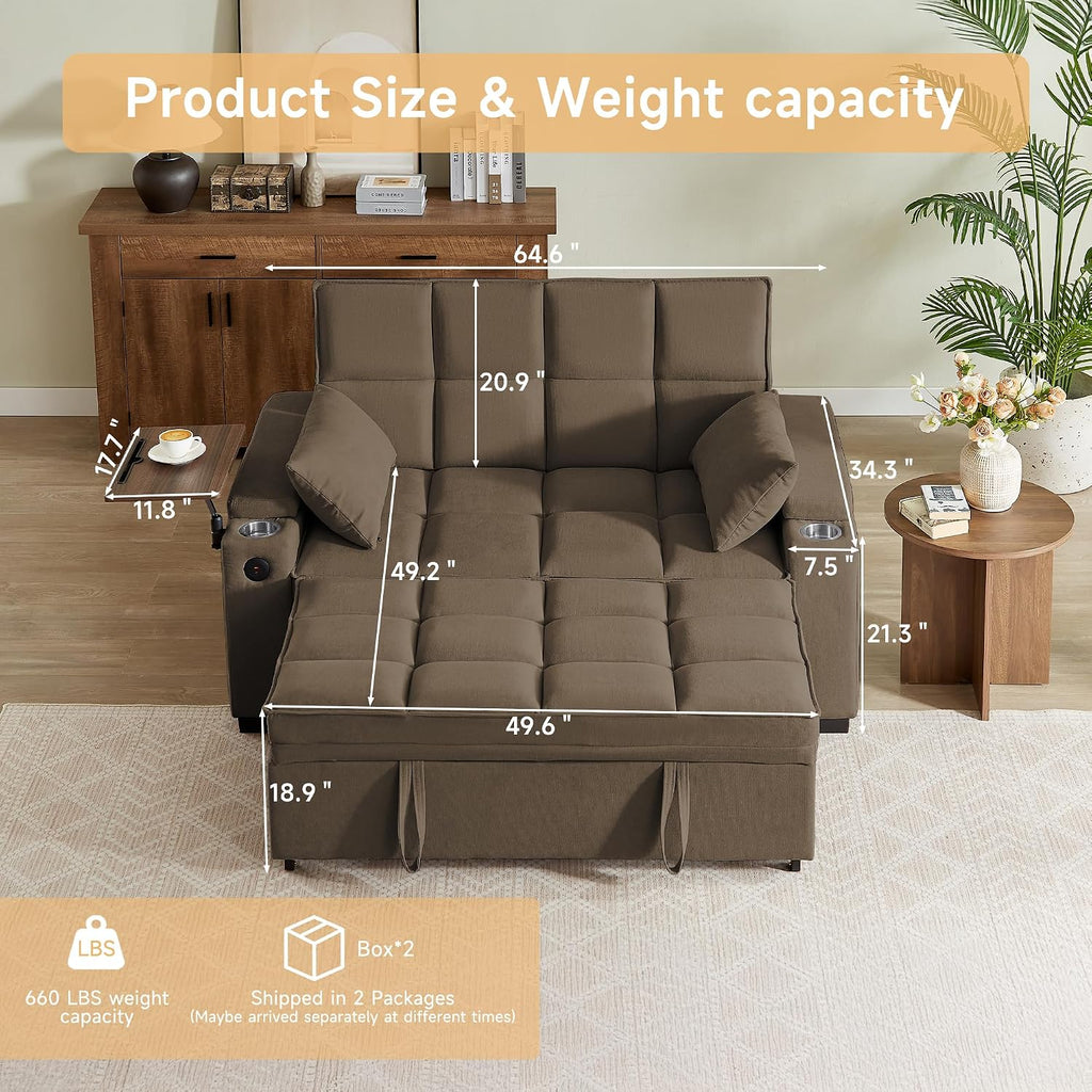Auvsoce 65'' Convertible Sleeper Sofa Bed with Adjustable Backrest, Chaise Lounge, Side Table & USB/Type-C Ports – Stylish & Functional Addition to Any Living Room (Light Grey-1)