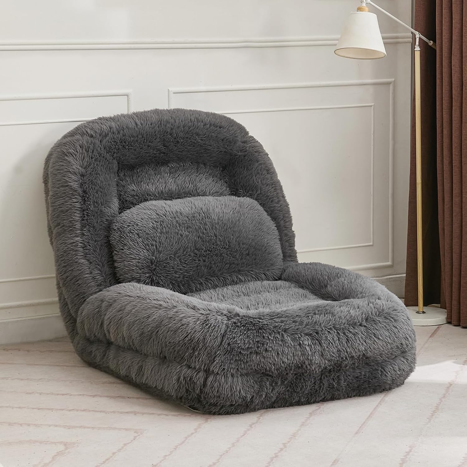 Upholstered Human Dog Bed for Adult & Pets, Convertible Lazy Sofa Bed with 5 Adjustable Position, Comfy Tatami Bean Bag Lounge Chair with a Soft Pillow for Bedroom Living Room (Dark Gray Fluffy)
