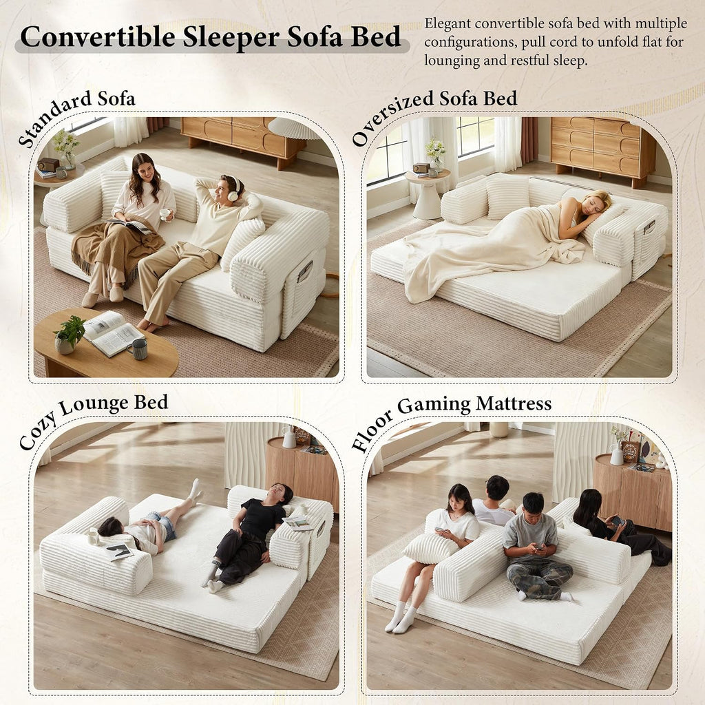 AUGOP Boneless Couch Folding Couches for Living Room Sofa, Futon Sofa Bed with Sleeper Sofa, Futon Couch with Fixed-Shape Oversized Corduroy Upholstered (White, 81 Inches)