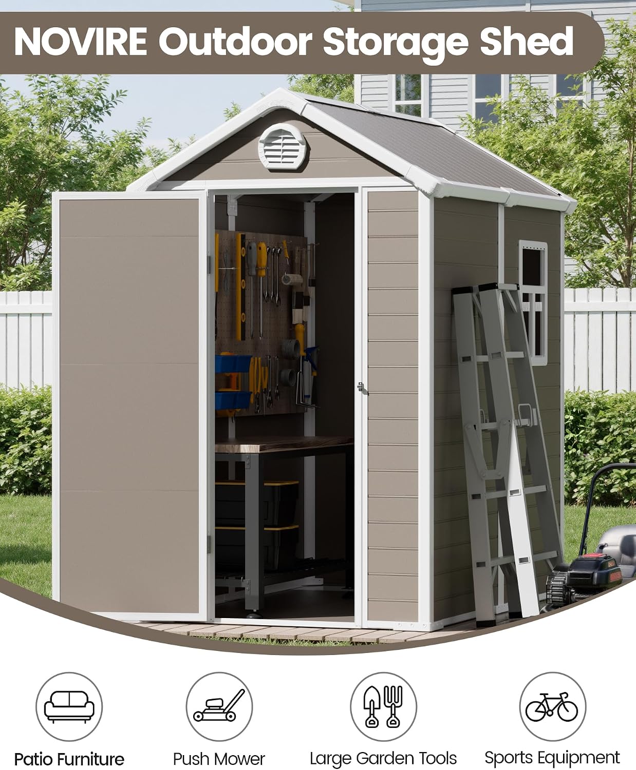 6x4.5 Large Outdoor Storage Shed with Floor, Spacious Tool Shed for Lawn Mower, Bike, and Patio Furniture, Includes Lockable Door and Ventilation, Warm Gray