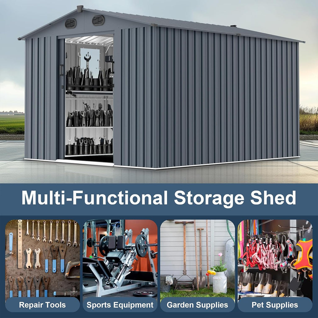 8x10FT Outdoor Storage Shed, Galvanized Steel Metal Storage Shed with Lockable Doors, Storage Sheds Outdoor Without Floor, Ventilation, Sloped Roof Metal Building for Tools (8x10 FT Steel)