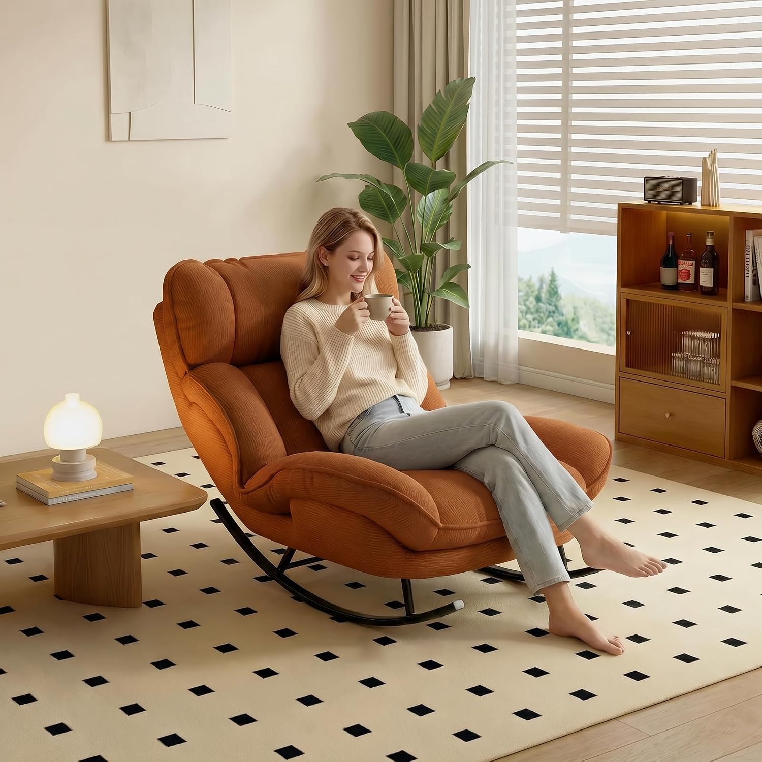 Sofa Rocking Chair Metal Frame with Adjustable Backrest Comfortable Decorative Chair Modern Ergonomic Sofa for Living Room Bedroom (Orange)
