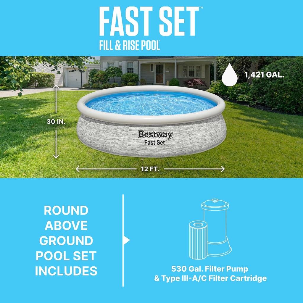 Bestway Fast Set 12' x 30' Round Inflatable Above Ground Swimming Pool Set, Stacked Stone Exterior Outdoor Family Pool with Filter Pump, Gray